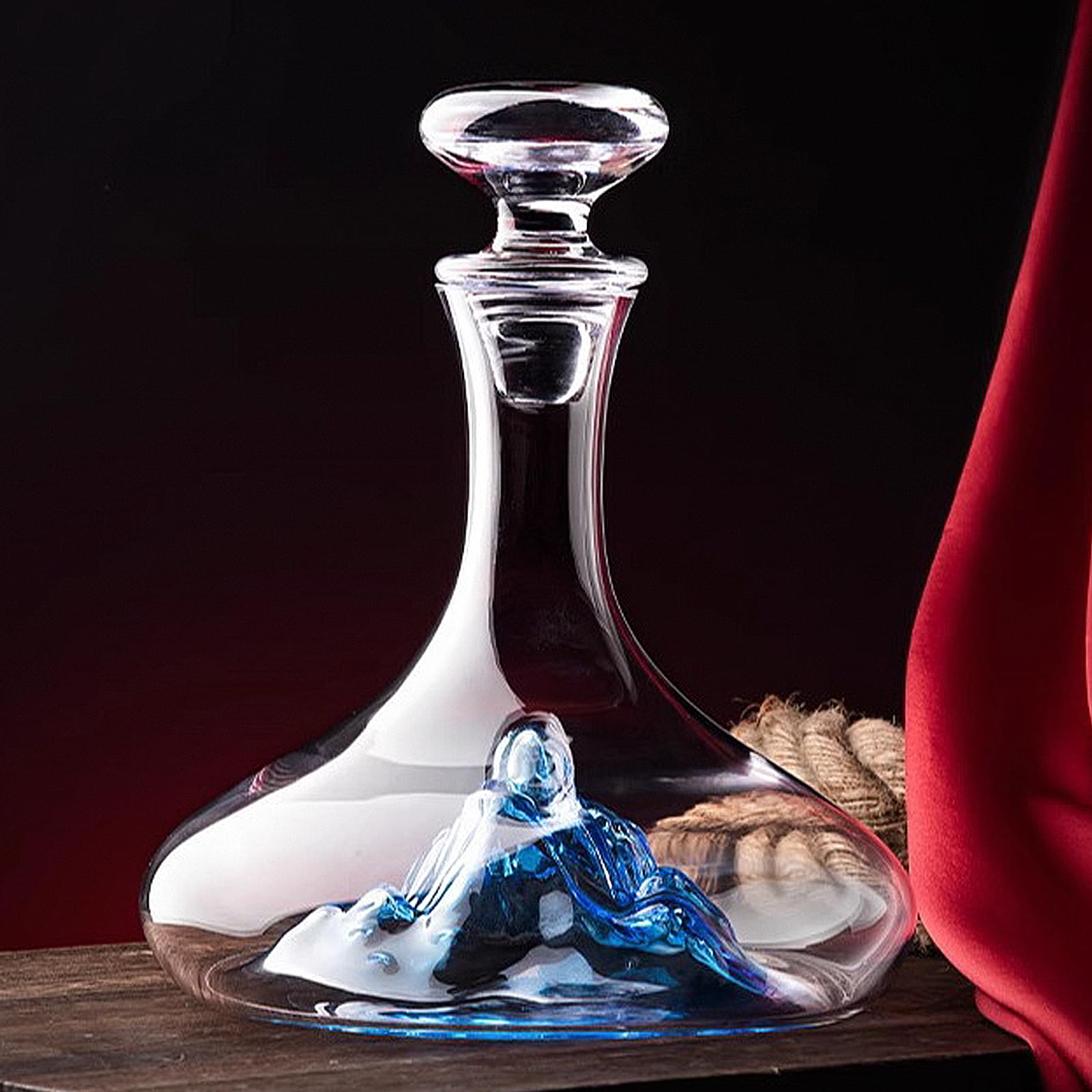 Décanteur à vin en verre cristal, carafe à vin luxueuse avec cascade en forme de montagne de glace bleue intégrée, aérateur à vin sans plomb avec bouchon en verre, accessoire à vin (Court