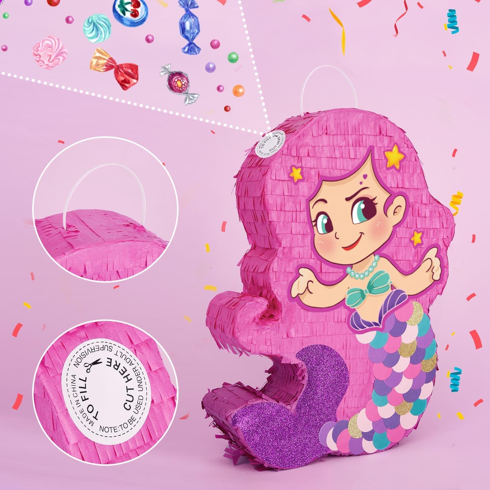 WERNNSAI Pignatta a forma di sirena, decorazione per feste di compleanno per ragazze, con pipistrello e benda per ragazze e bambini, per feste di compleanno, giochi sotto il mare, decorazione per