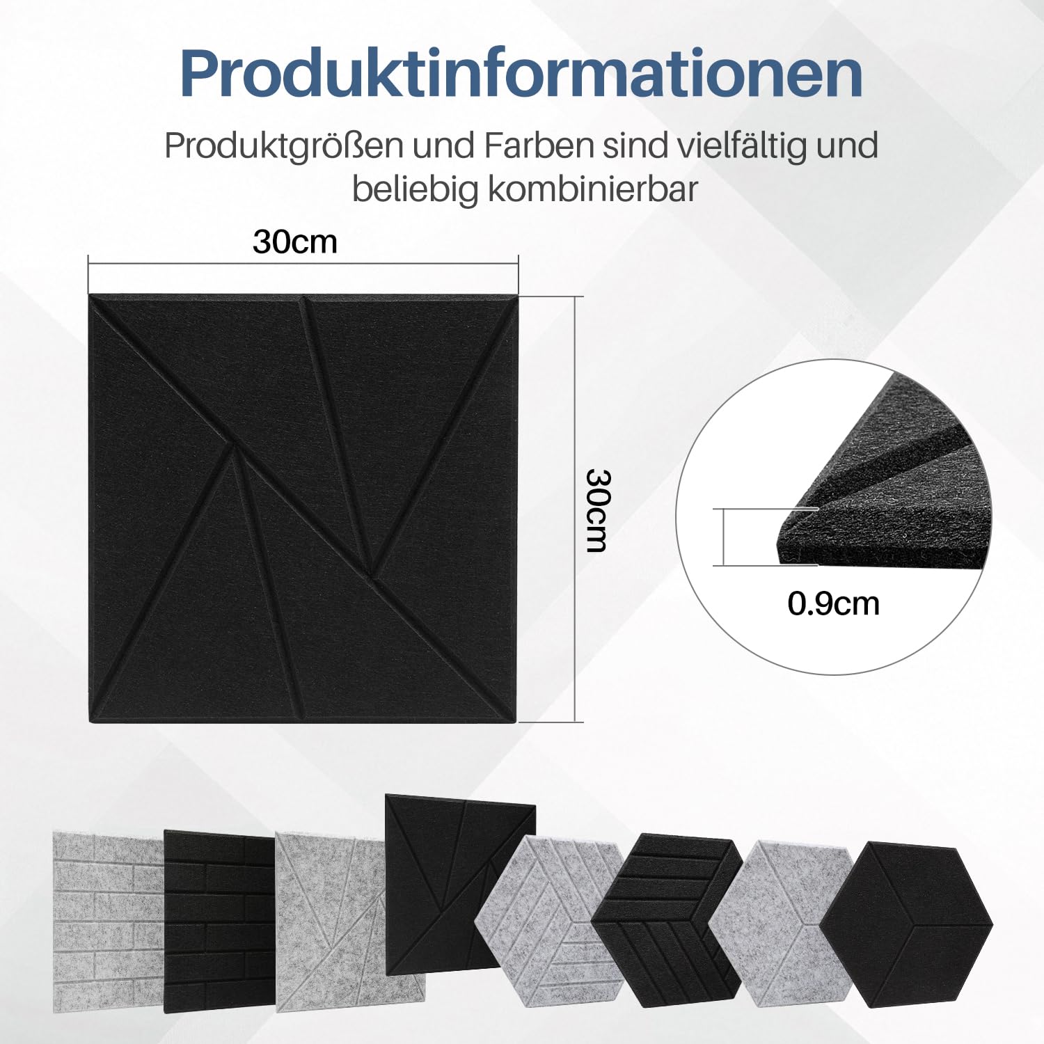 Lot de 12 panneaux acoustiques autocollants - Noir - Motif triangulaire - 30 x 30 x 0,9 cm - Panneaux acoustiques - Absorbeur de bruit - Tapis d'insonorisation