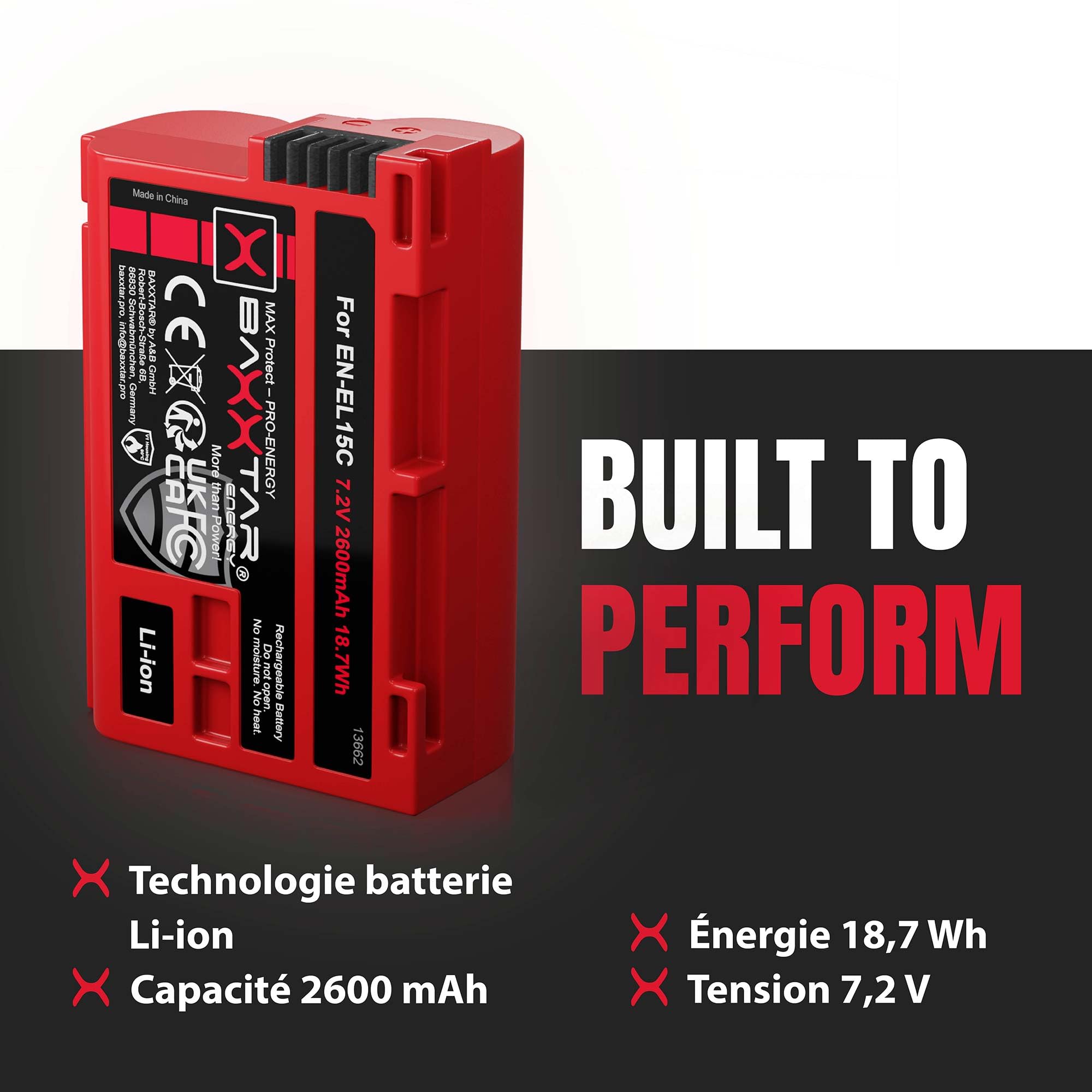 Baxxtar MaxProtect 2X Batterie pour Nikon EN-EL15c EN-EL15b/EL15, 2600mAh