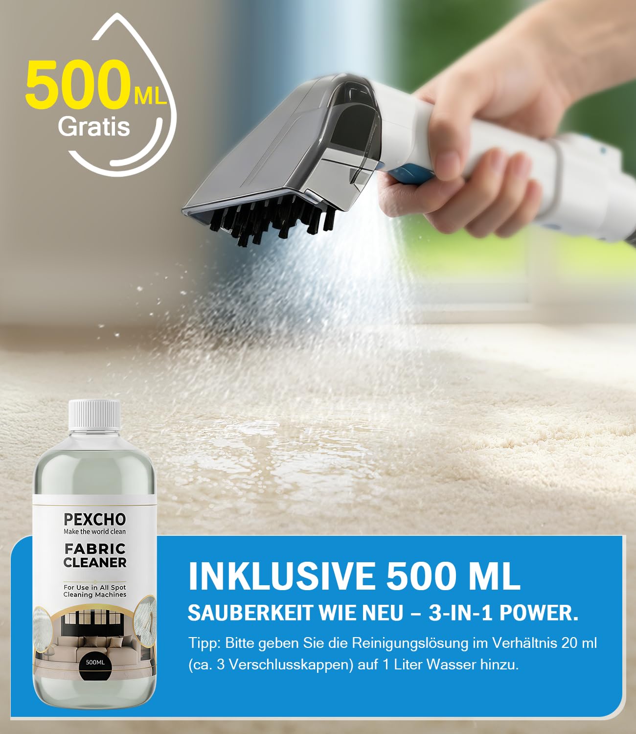 PEXCHO Lavatappeti 550W, Pulitore tappezzeria per Casa e Auto, Macchina per Pulisci divano e Sedili, Aspiratore contro Macchie e Odori di Animali, Lavatessuti 18kPa con Autopulizia, JJB-718