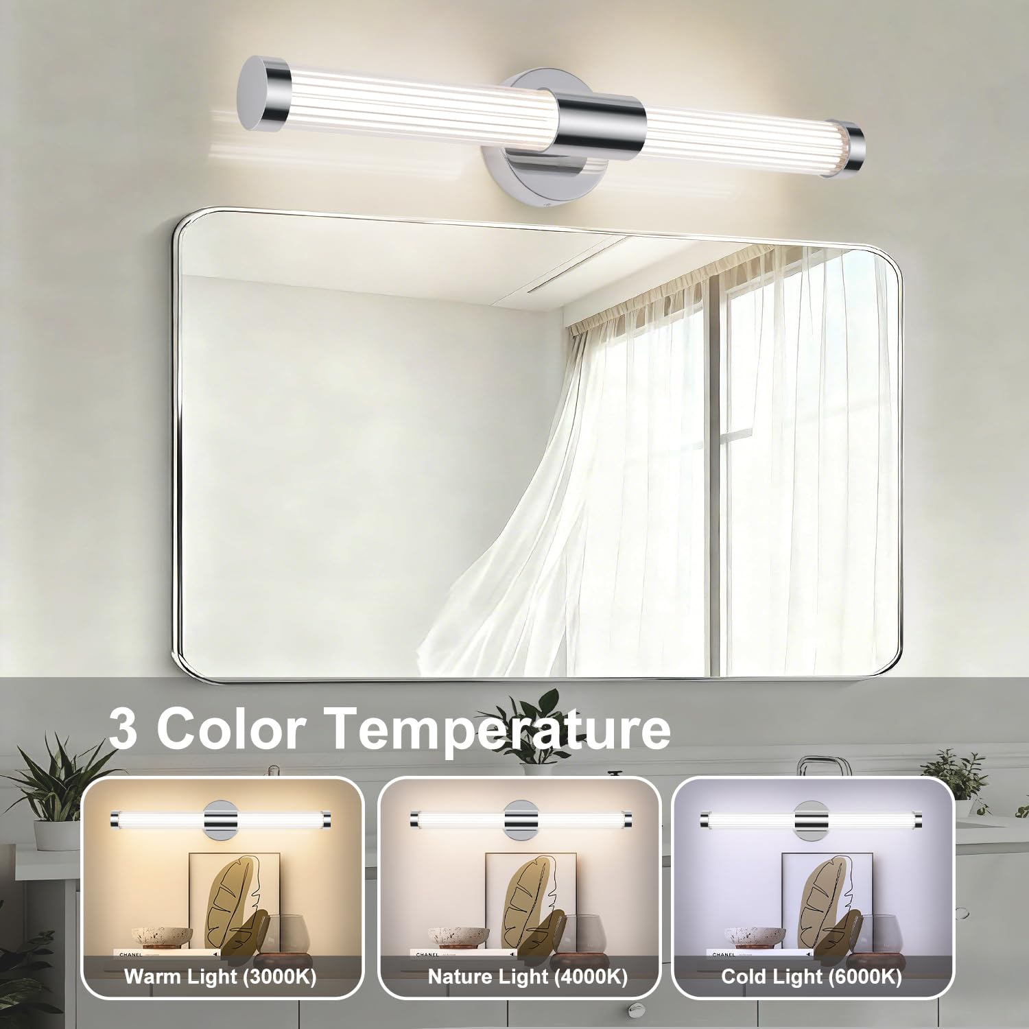 MantoLite Lampada Specchio LED 60cm da Bagno Cromatura a Parete Murale | Lampada led bagno 12w 3cct orientabile 360° ip44 ideale per specchio e illuminazione quadri design moderno