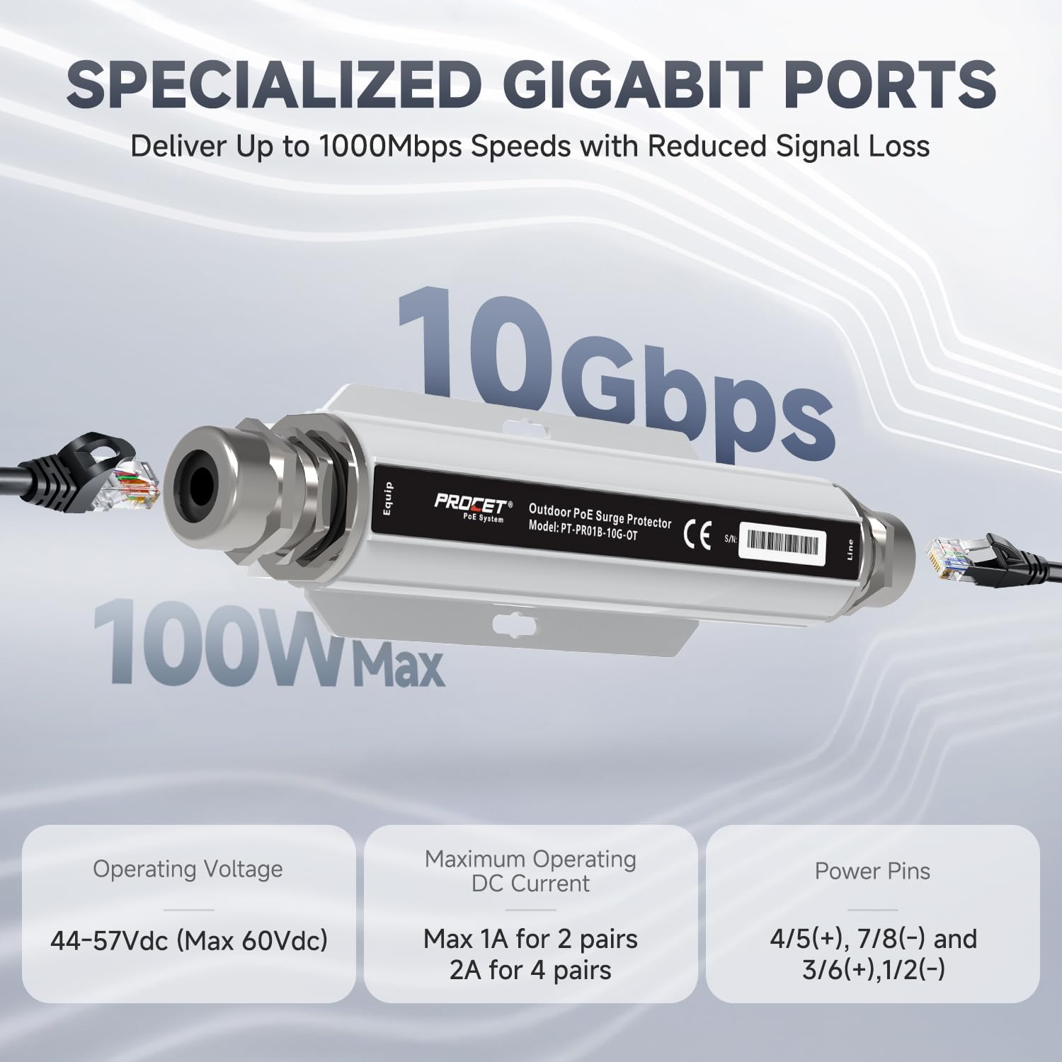PROCET Ethernet Surge Protector 10 Gbps Outdoor - 20KV Industrial Lightning Arrestor for -40°F to 149°F, IP67 Rated, 100Wmax PoE++ RJ45 Surge Protector, Gas Discharge Tube（GDT）, PT-PR01B-10G-OT