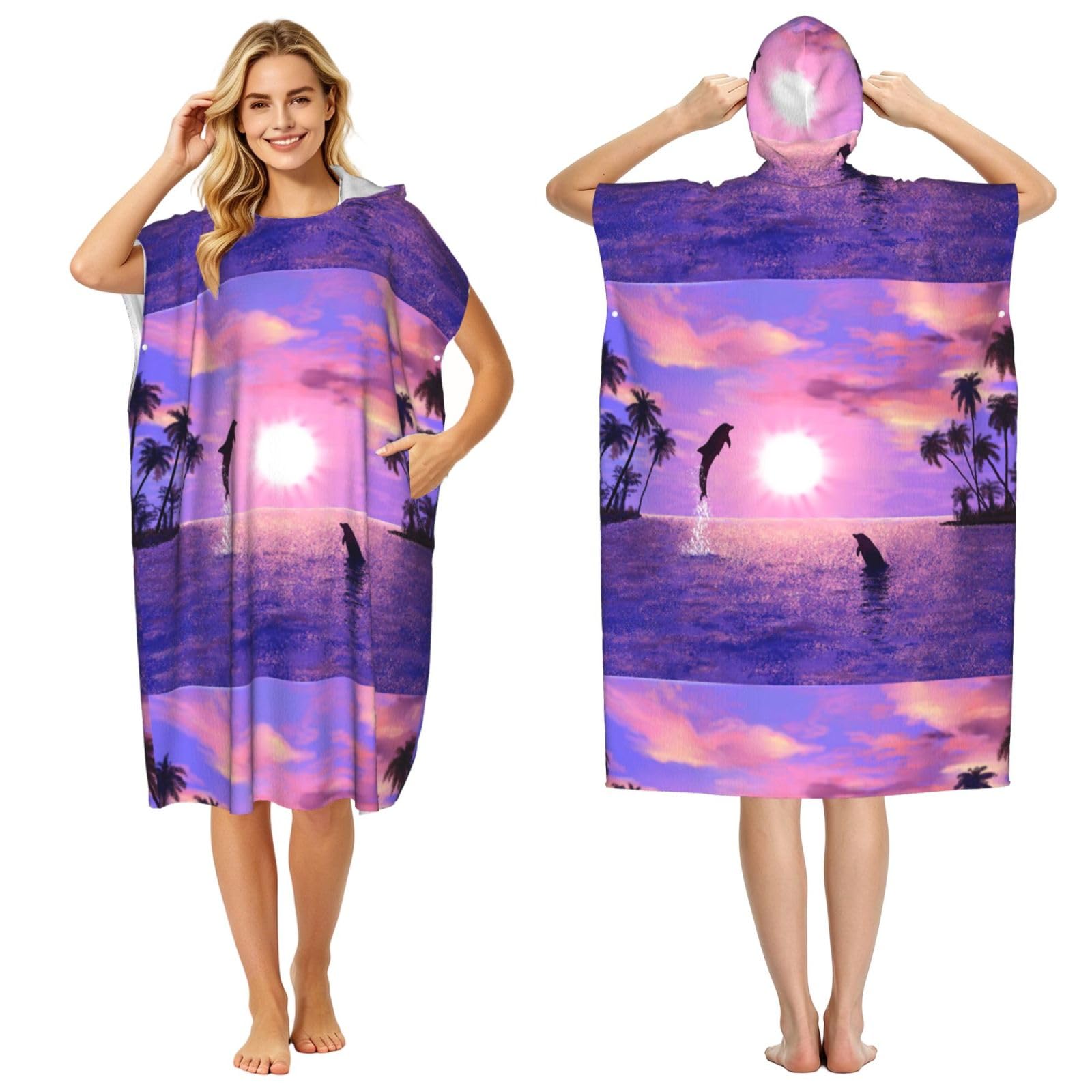 Poadnly Sunset Dolphins, Adult Hooded Beach Towel 90 x 110 cm,Changing Bath Robe, Surf Poncho Towel For Women Men
