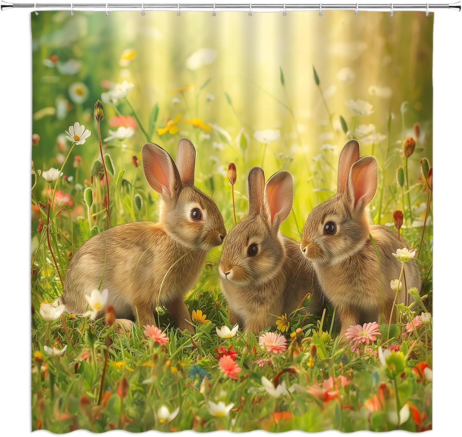 Easter Extra Long Shower Curtain Bunny Floral Rabbit Flower Leaf Spring Festival Green Brown Fabic with Hooks for Bathroom Decor,70x78 Inch