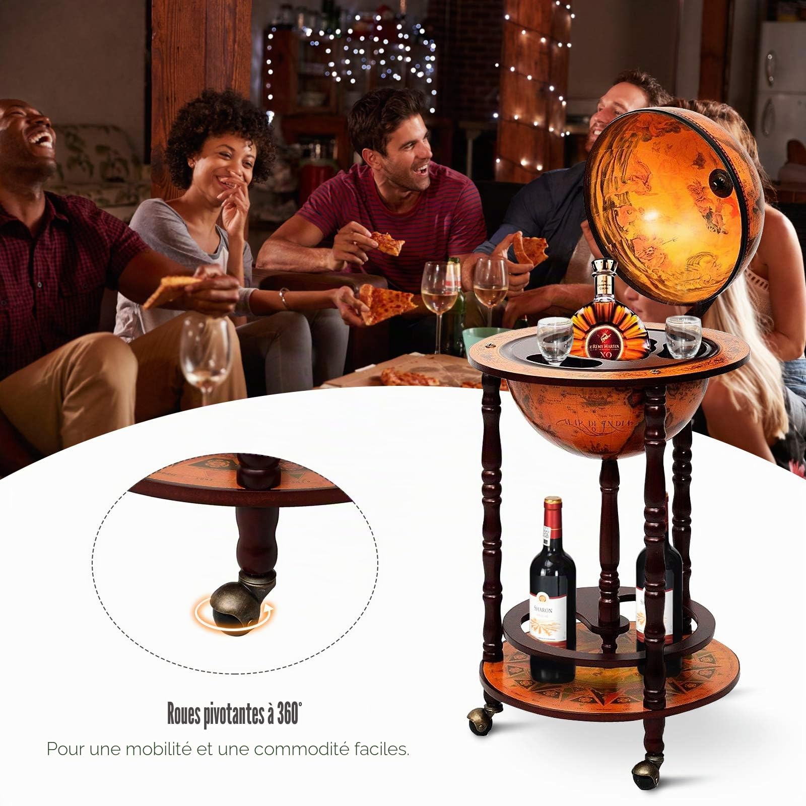 Generisch Bar Globe terrestre en Eucalyptus - Chariot de Bar avec roulettes - Style rétro - pour Verres à vin et Bouteilles de vin (Marron)