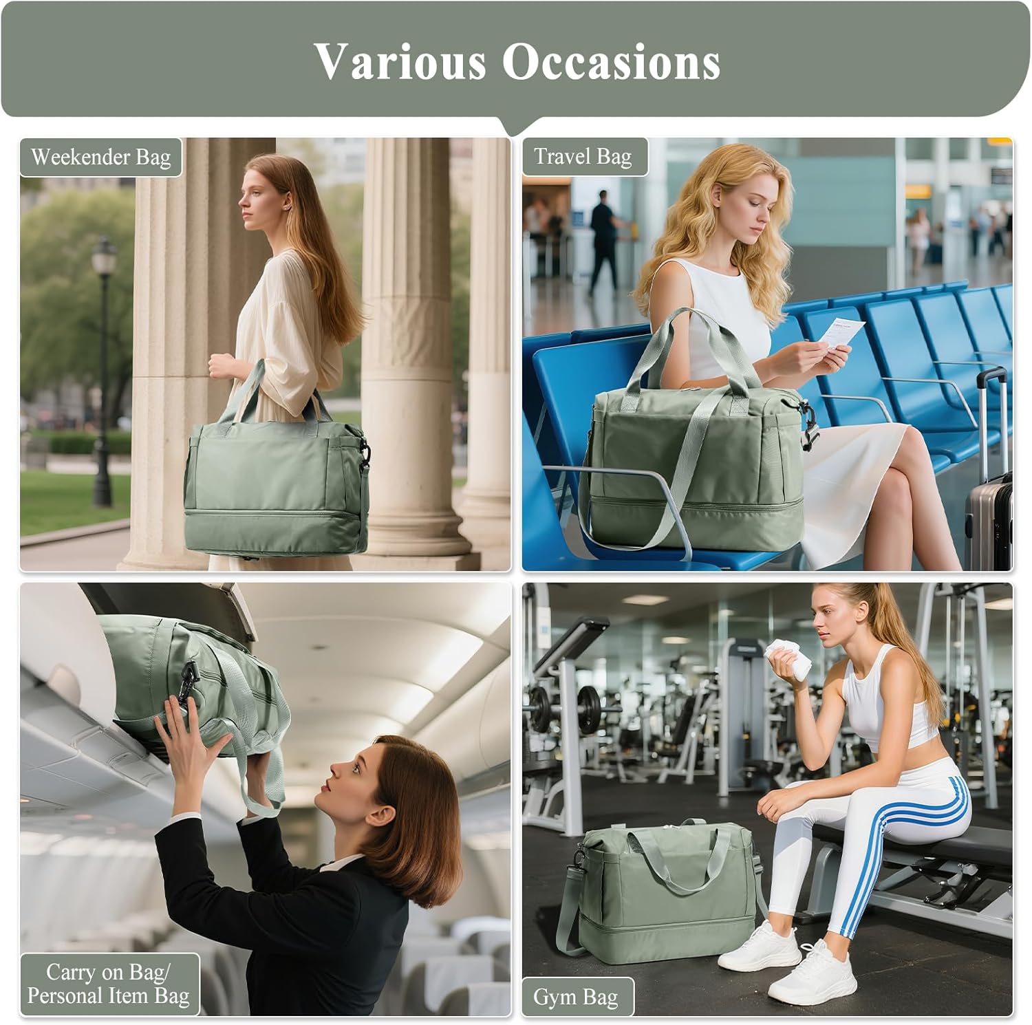 Travel Duffel Bag with Shoes Compartment, Overnight Weekender Bags for Women, Carry on Personal Item Bag with Wet Pocket for Travel, Gym, Weekend,Green - Image 9