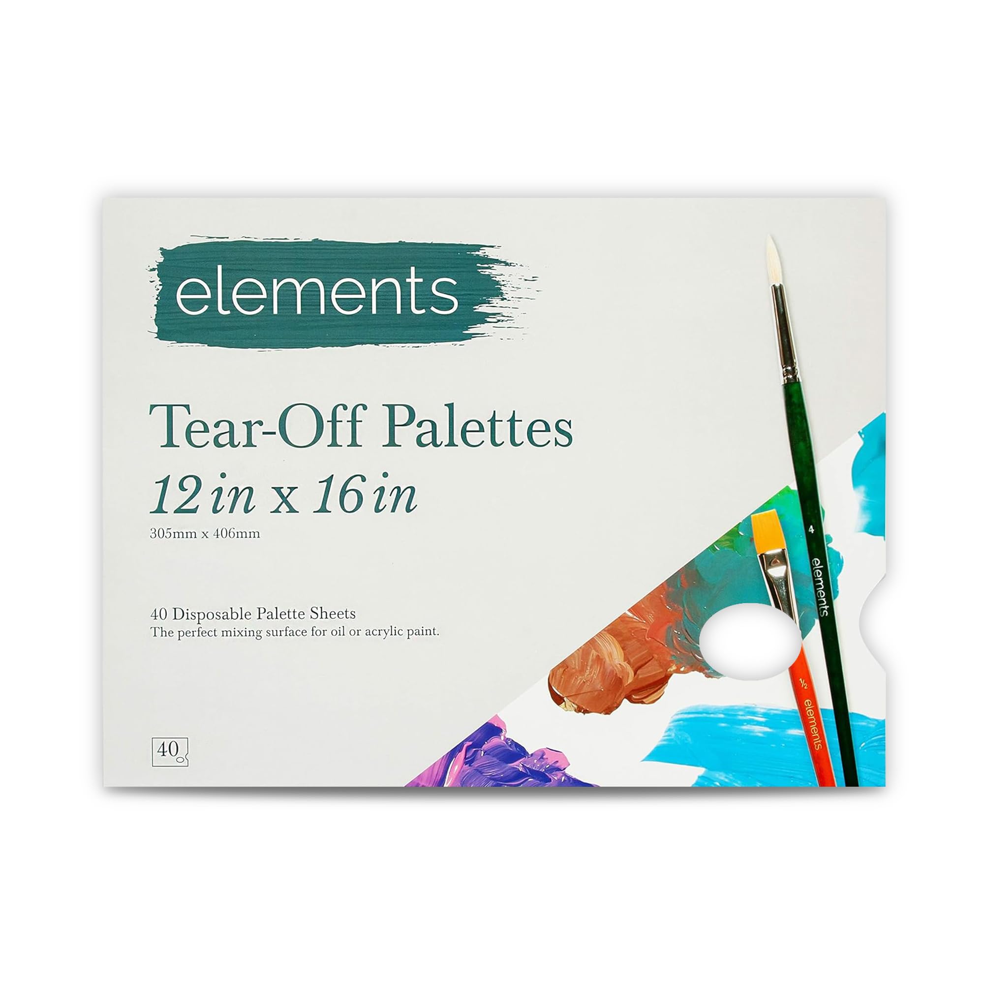 Elements Tear Off Acrylic Paint Palette – 12” x 16” Disposable Painting Palette Paper, 40 Sheets, White, Ideal for Acrylic, Oil & Poster Paint Mixing, Smooth Surface for Easy Mixing, Comfort Grip