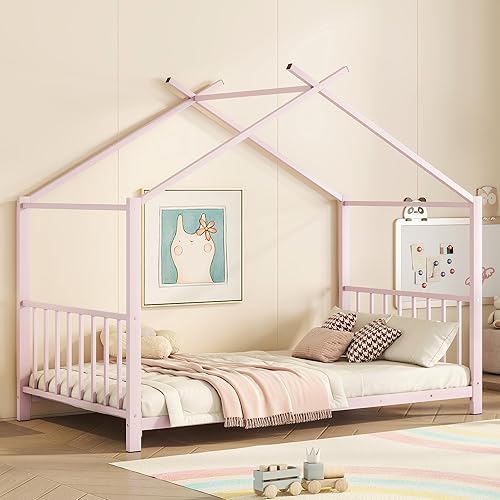 Miniatura 68 de Cama de casa de tamaño individual con diseño de valla y techo, marco de cama de metal, marco de cama de piso doble, base de cama Montessori de Color