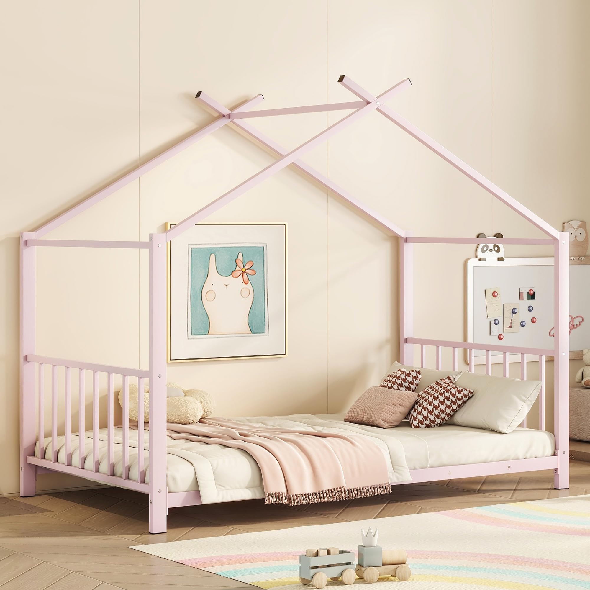 Twin Size Kids Montessori Floor Bed,House Bed Frame with High Headboard,Twin Floor Bed with Roof for Boys Girls,Floor Bed Metal Frame (Pink)