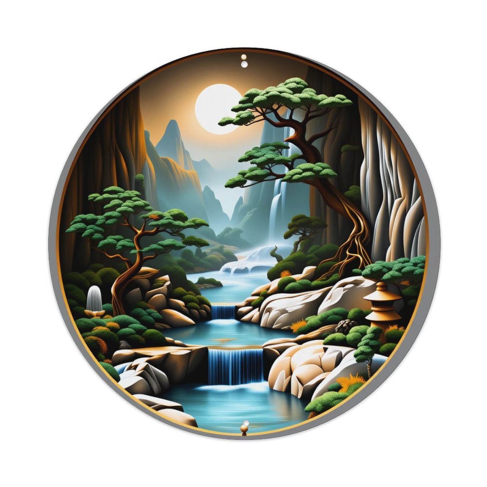 Wmlzdnwr Vintage Mountain Stream Moonlight Pine Trees Waterfall Rocks Garden Pagoda Round Tin Sign,Retro Wall Art,Metal Poster For Home, Bar, Garage, Cafe, Rustic Indoor & Outdoor Decor, 8X8 Inches