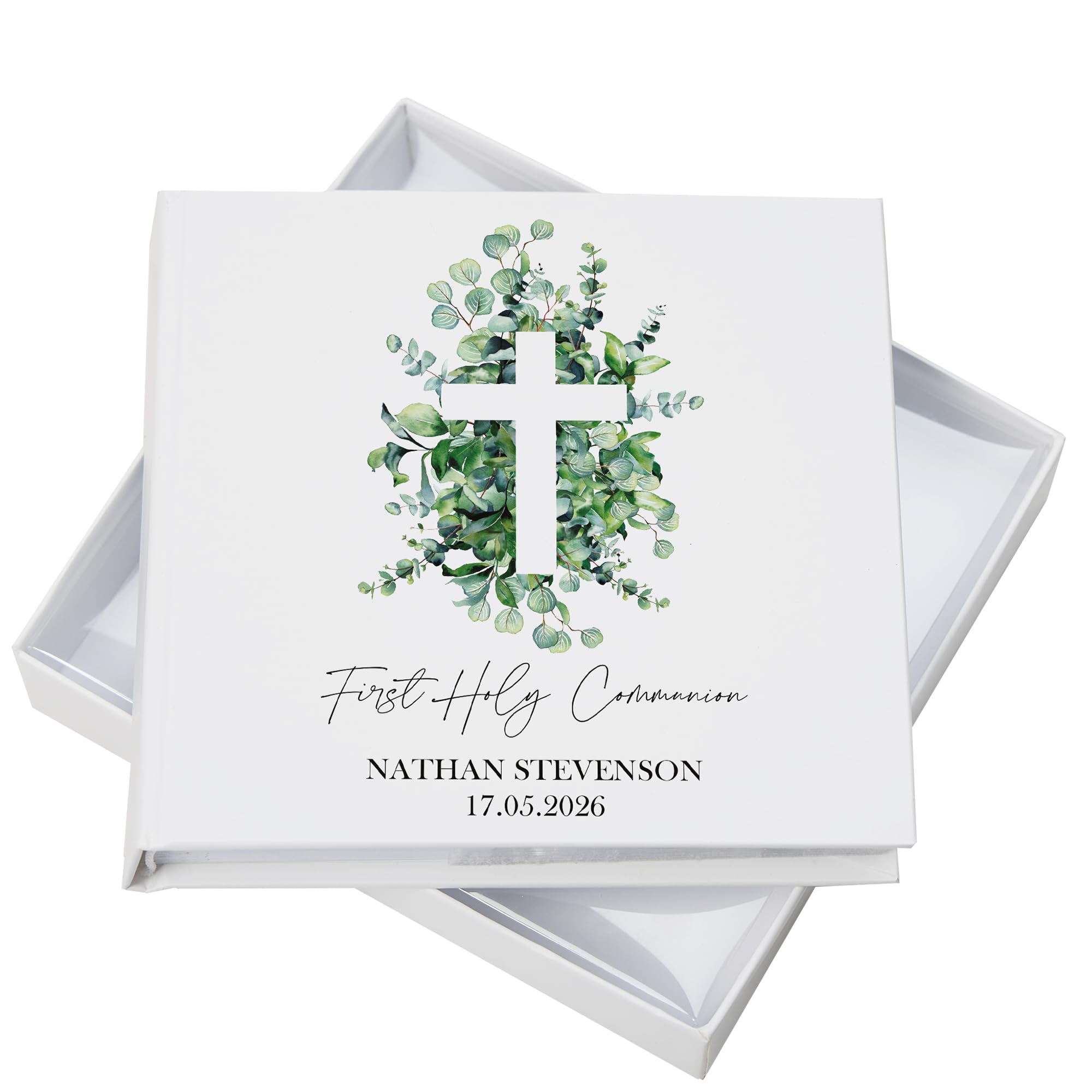 Ukgiftstoreonline White Personalised First Holy Communion Photo Album Gift With Cross And Eucalyptus