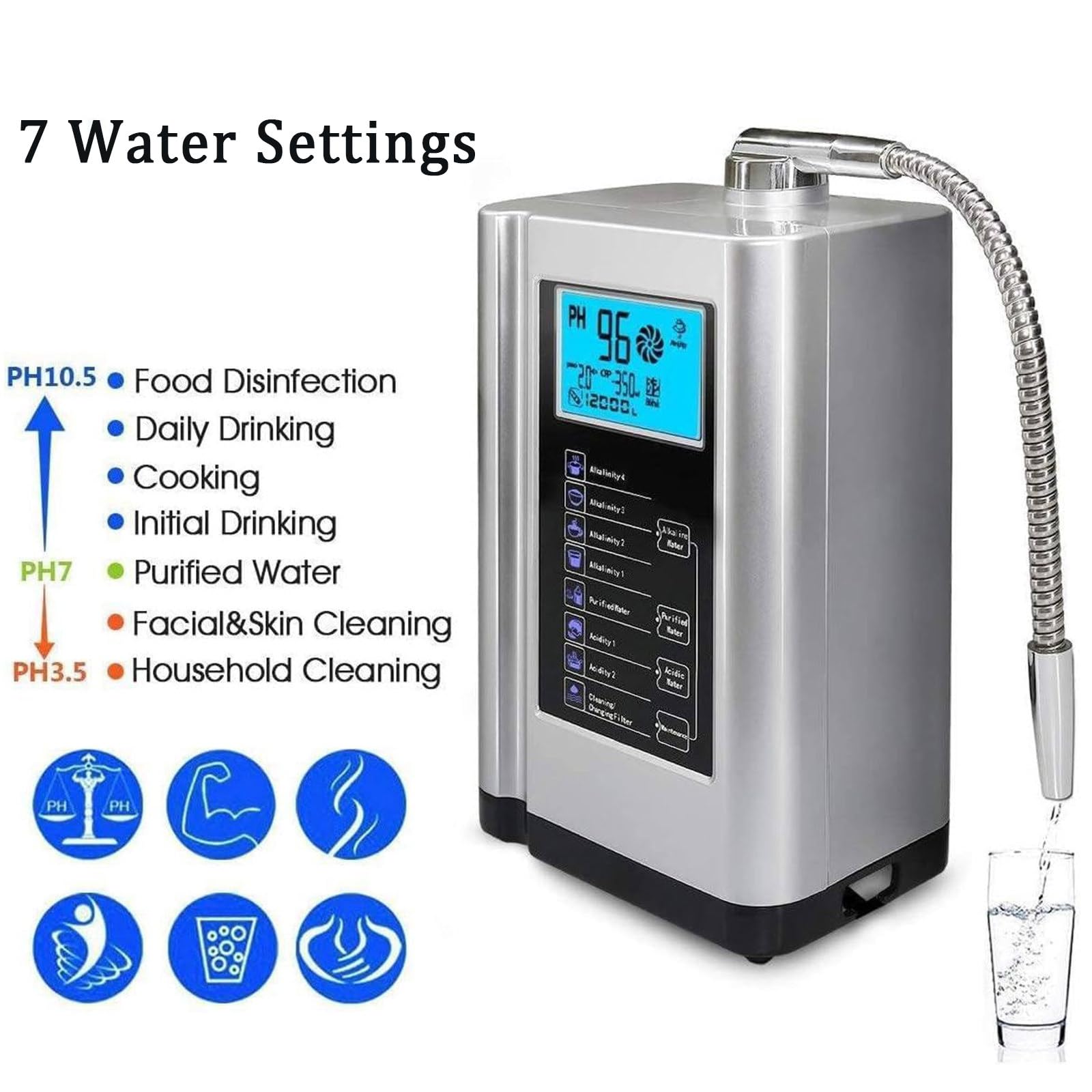 PixCy Máquina Ionizadora De Agua Alcalina, Ph 3,5-10,5 Blue