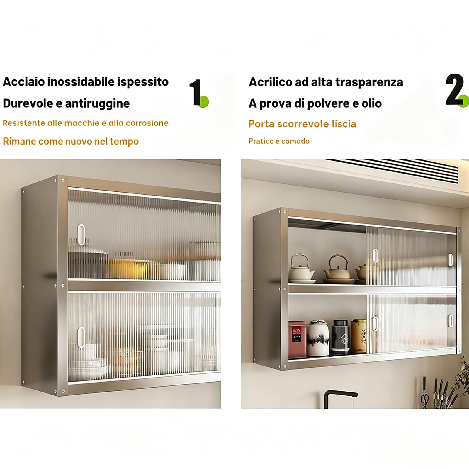 Armario De Cocina Armario Pared Acero Inoxidable con Puertas correderas (Unidad Mural suspendida) Transparentes Dos Opciones De Instalación Soporta hasta 25 Kg por Estante,70 * 30 * 40cm