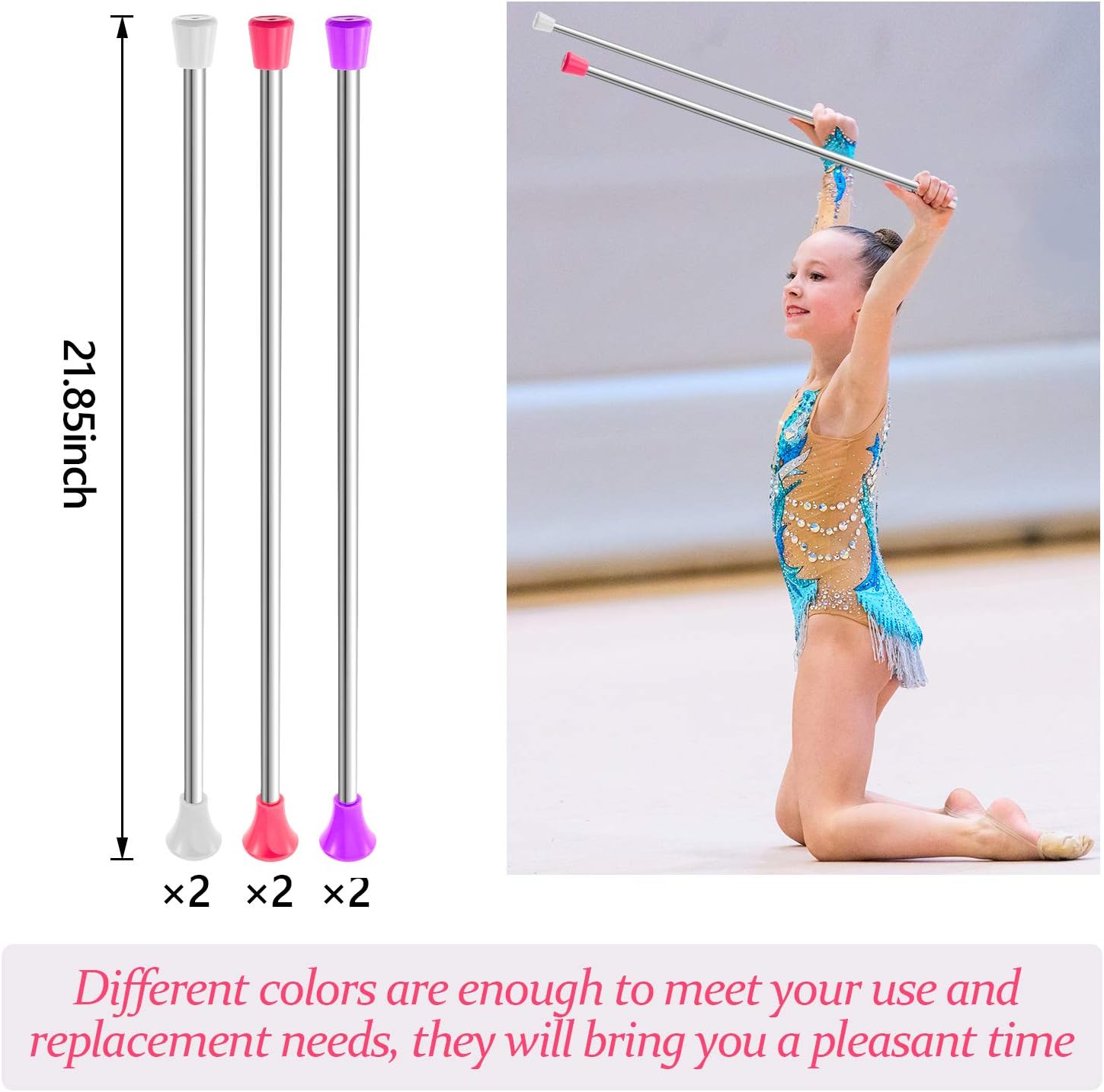 Sumind 6 Piece 21'' Twirling Batons Kids' Gymnastics Dance Batons for Girls, Artistic Dancing, Talent Shows & More, Pink, White, Purple