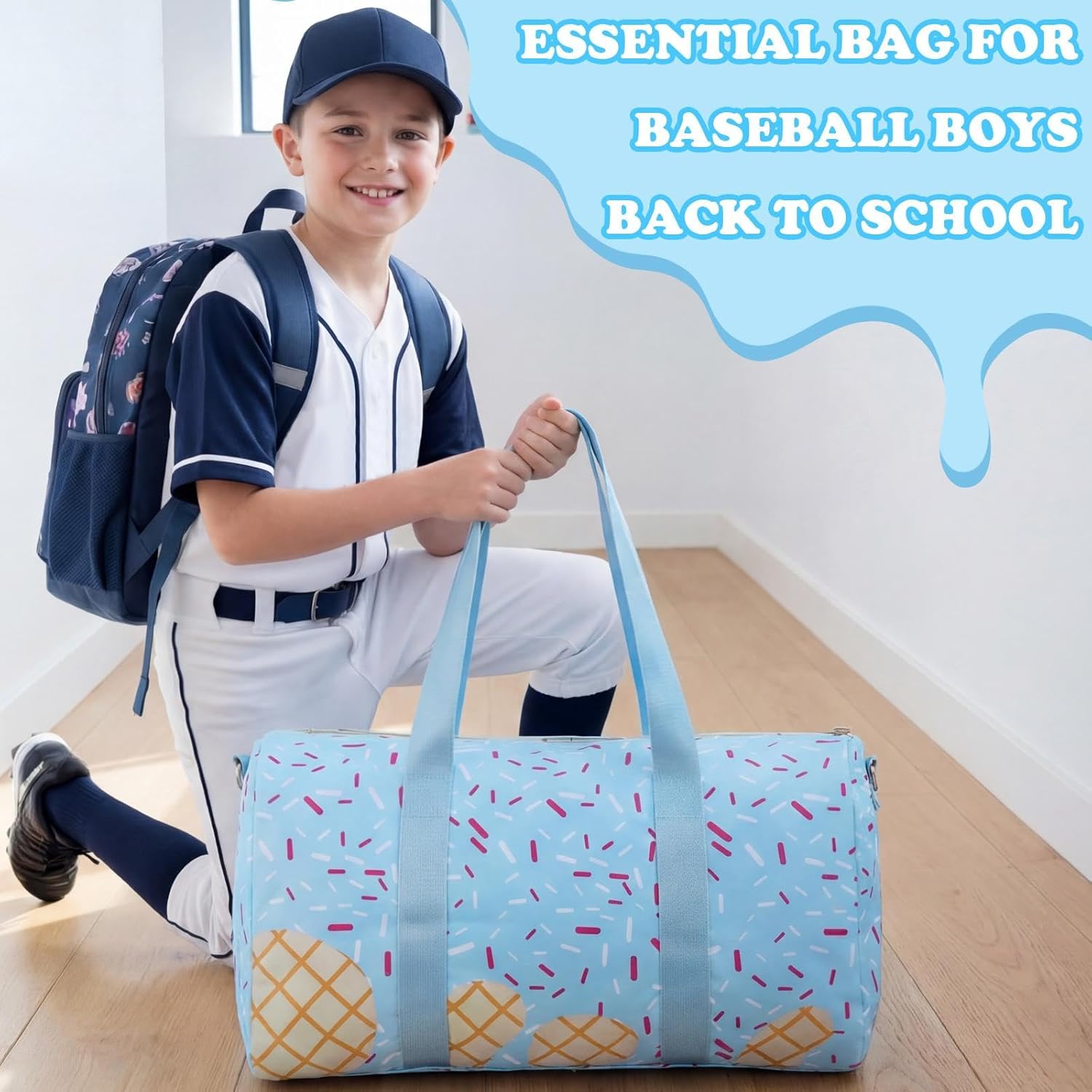 Ice Cream Drip Duffle Bag 18.5" Lightweight Waterproof Baseball Travel Bag with Adjustable Strap Sports Gym Tote for Back to School Essentials Workout Beach Trips