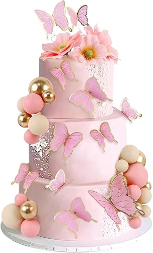 38 bolas de oro rosa para decoración de tartas, flores artificiales rosadas, decoraciones de pasteles de mariposa para decoración de pasteles de