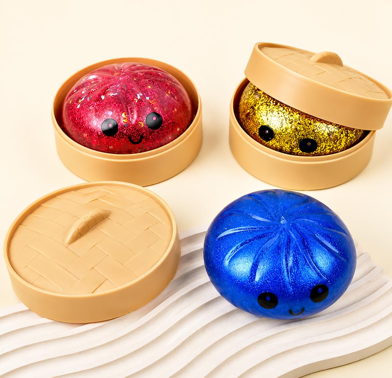 Squeezy Dumplings Stress Ball Toy with Steamer Box, 10cm | Mystery Surprise Design, Glitter Finish, Kids & Family Fun, Compact 7cm Height, Collectible Characters-image-0