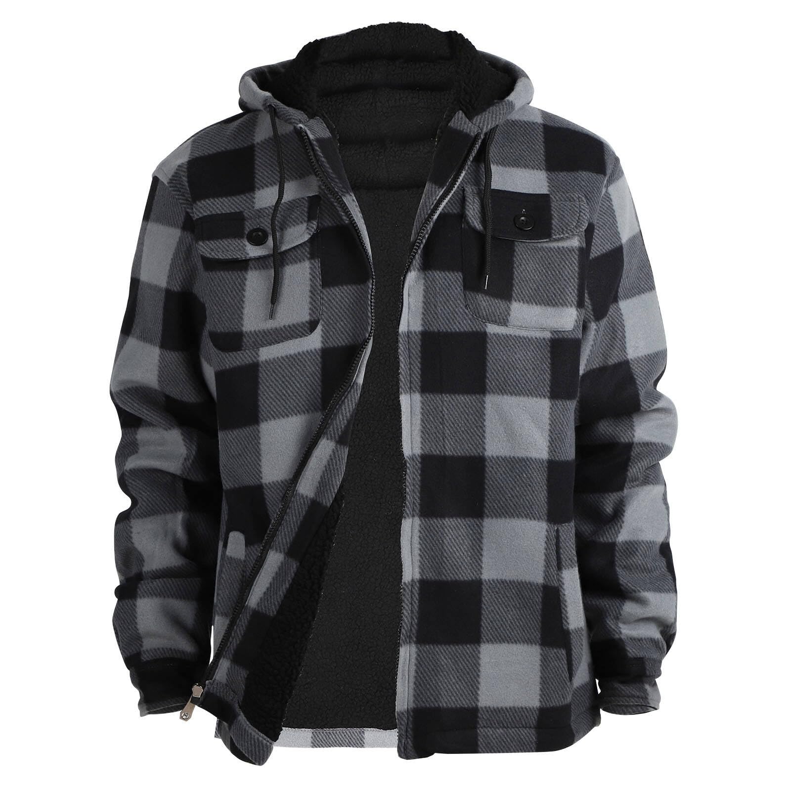 LeeHanTon Mens Sherpa Lined Plaid Hoodie Jacket Heavyweight Full Zip Fleece Coat with Pockets Winter Sweatshirt Big Tall