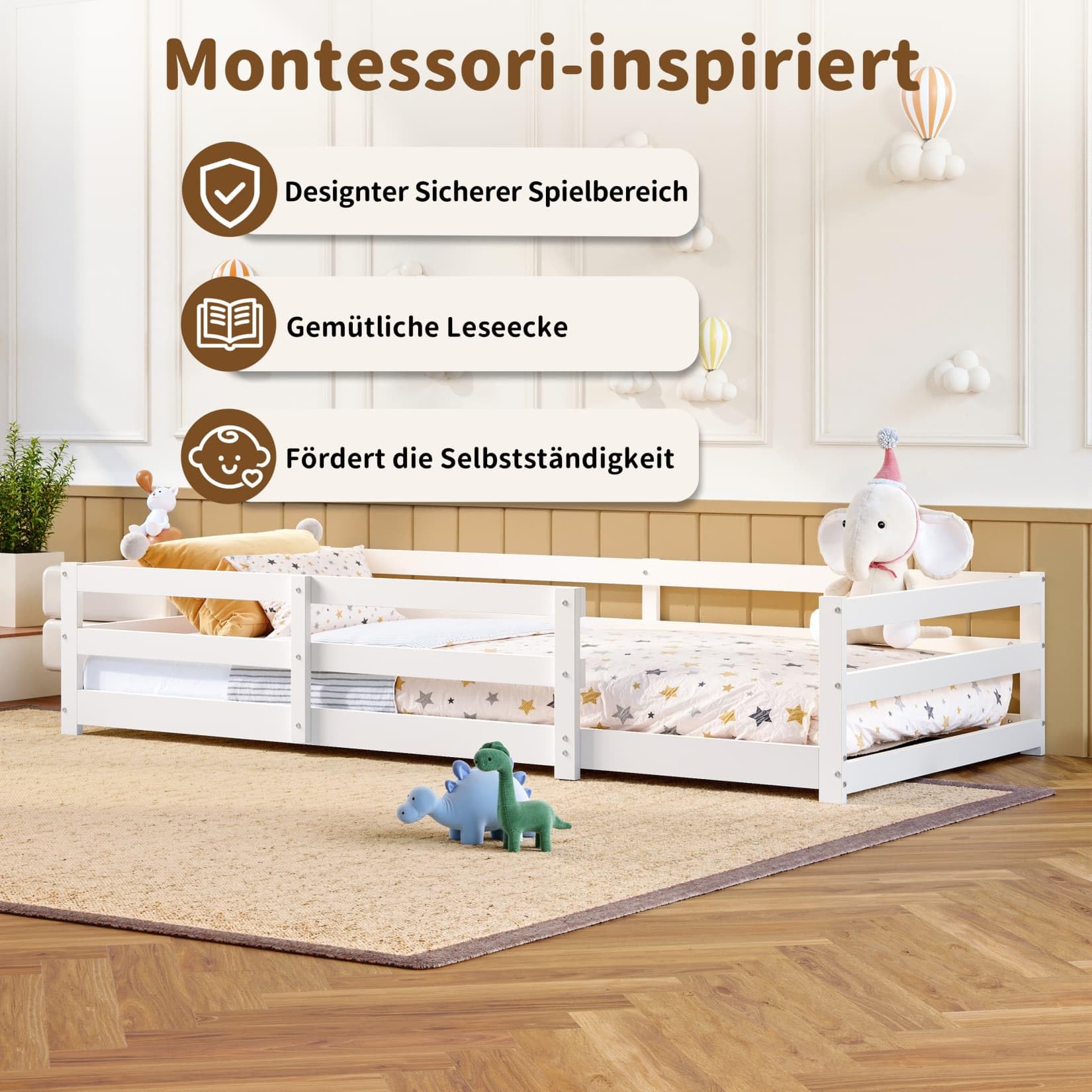 Lit Au Sol Montessori 90x200cm,Cadre de Lit 1 Personne avec Quatre Barrières Latérales,Sommier à Lattes Roustes,pour Garçons Filles(90-Blanc)
