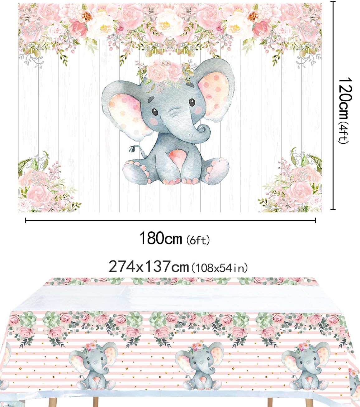 Pink Watercolor Elephant Baby Shower Party Supplies,Pink Elephant Flowers Party Backdrop Elephant Theme Tablecloth 2pcs,Covers for Boy Girl Gender Reveal Birthday Party Decorations (6x4FT)