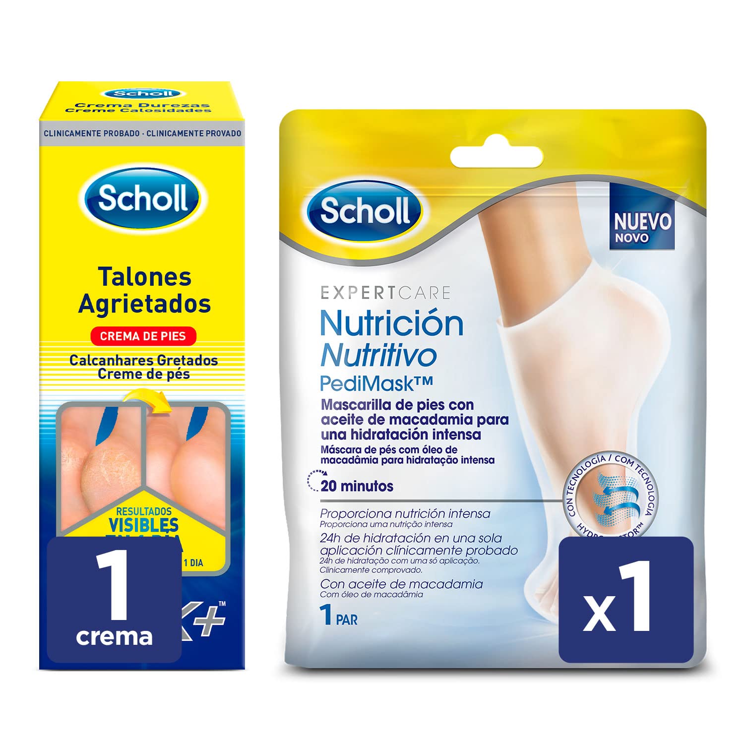 Scholl Crema de Pies para Talones Agrietados, con Urea y Keratina, 60ml + 2 Mascarillas Nutritivas para Pies, Hidratación Intensa