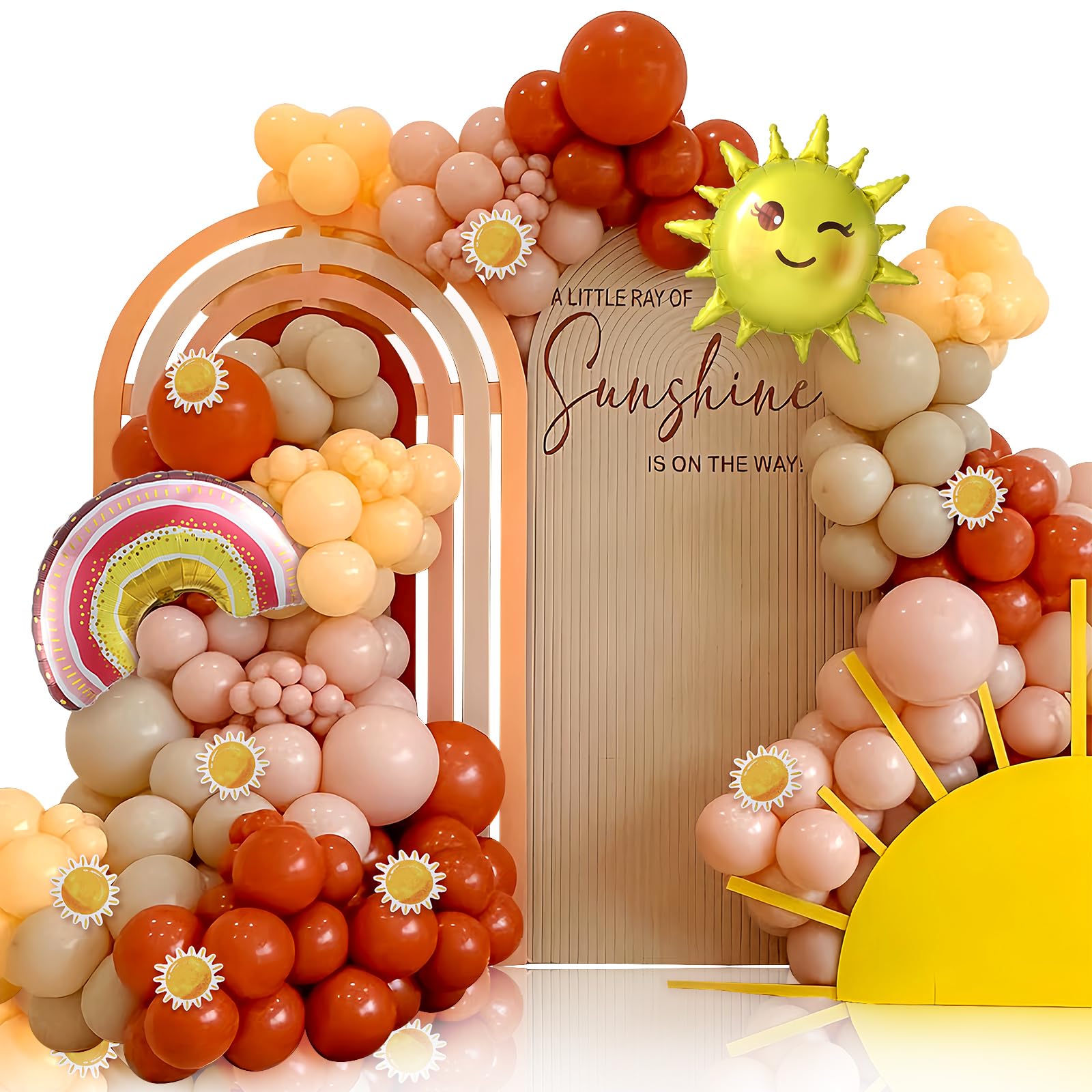 Boho Sun theme Balloon Arch Kit,157Pcs Burnt Orange Sand White Balloon Garland with Sun Stickers for Sunrise Baby Shower Here Comes The Sun 1st