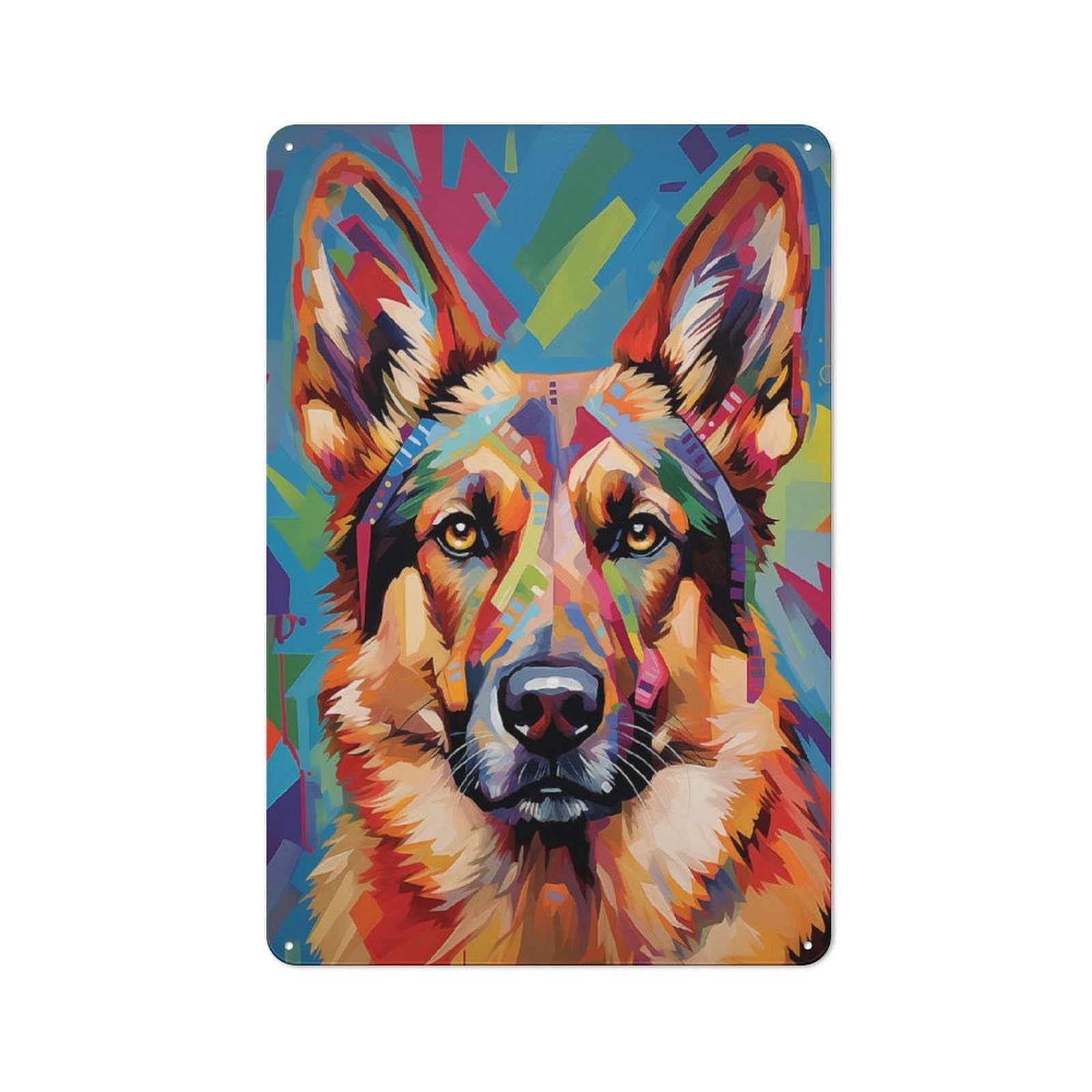 Metal Wall Sign with Colorful German Shepherd Design 30x20cm, Modern Retro Urban Room Decor for Workspace, Cafe, Hallway Or Garage