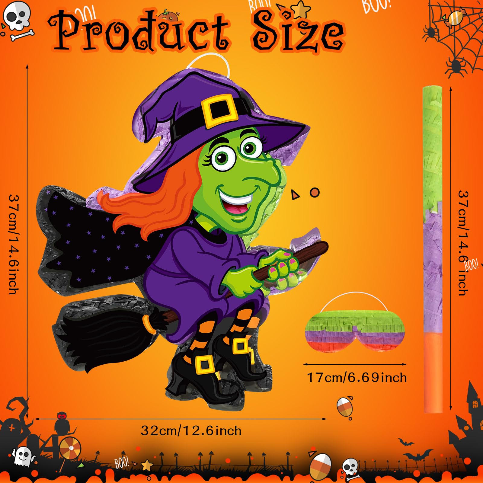 Aoriher Piñata de Bruja de Halloween Decorativa con Palo Vendar de Ojos y Confeti Piñata Rellena de Dulces para Halloween Fiesta Cumpleaños Mexicana Suministros Juego