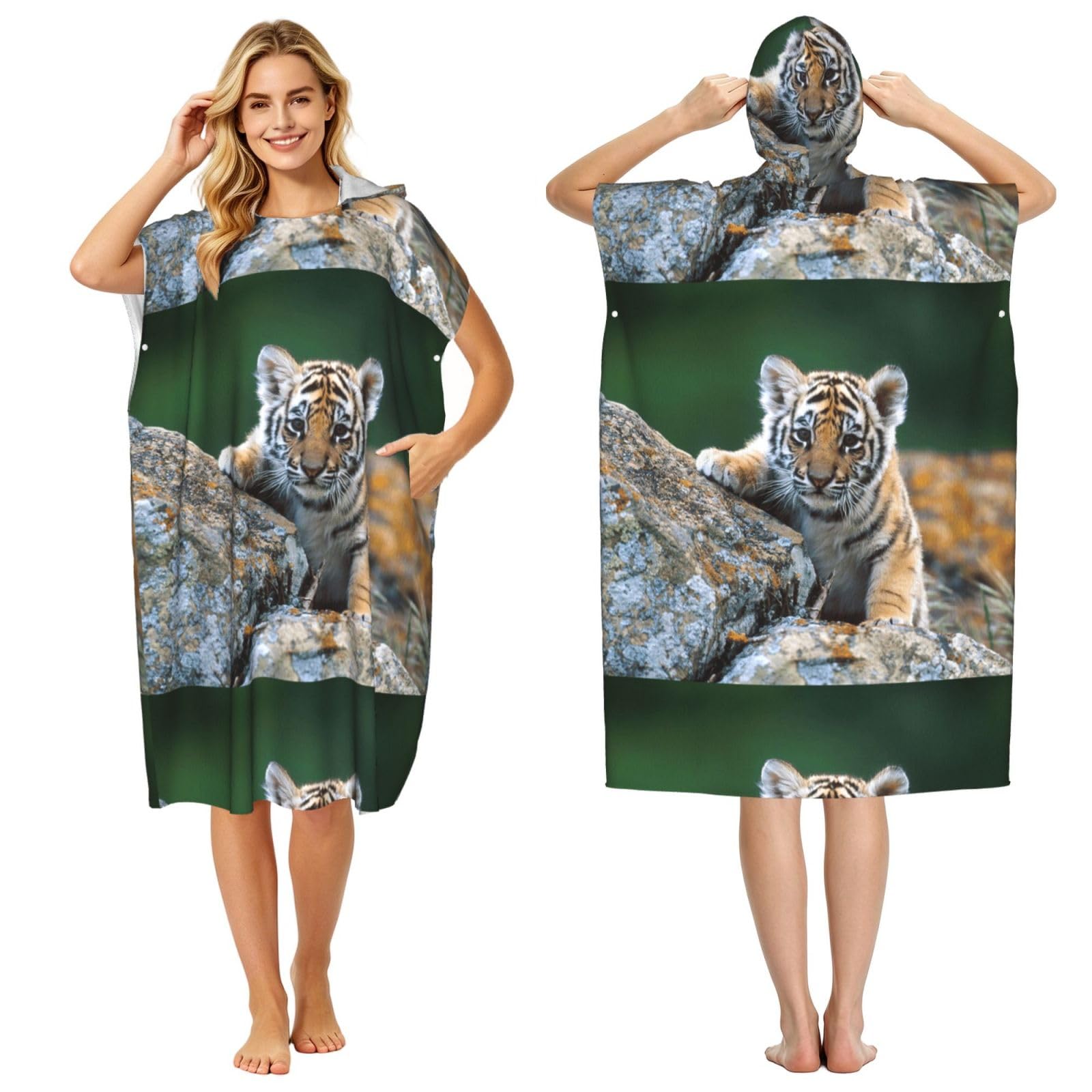 Poadnly Cute Tiger, Adult Hooded Beach Towel 90 x 110 cm,Changing Bath Robe, Surf Poncho Towel For Women Men