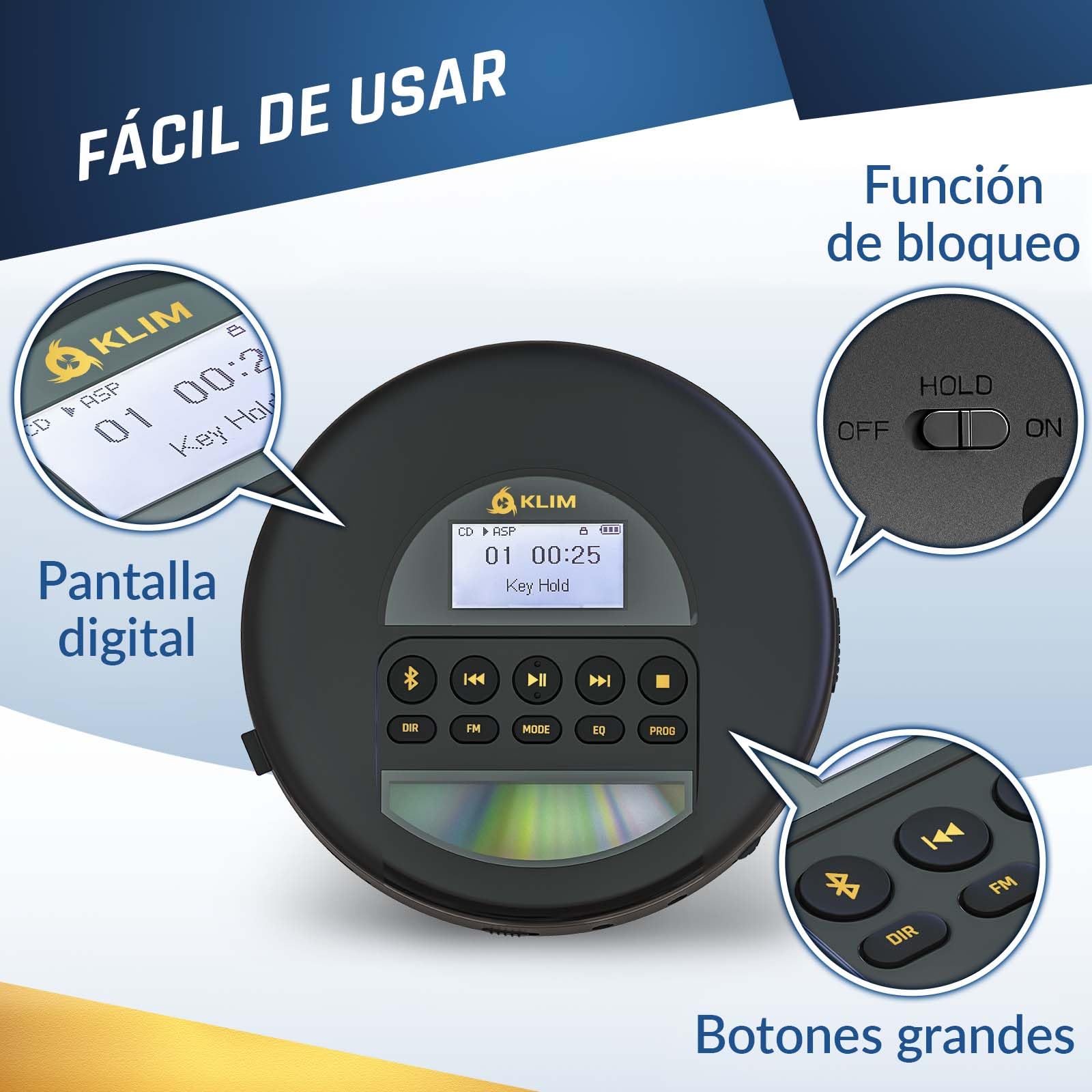 KLIM Nomad - Reproductor CD portatil con batería Interna de Larga duración - Nuevo - Auriculares KLIM Fusion - CD Player Mini Compacto - Radio FM Compatible con CD-R, CD-RW MP3 - Or