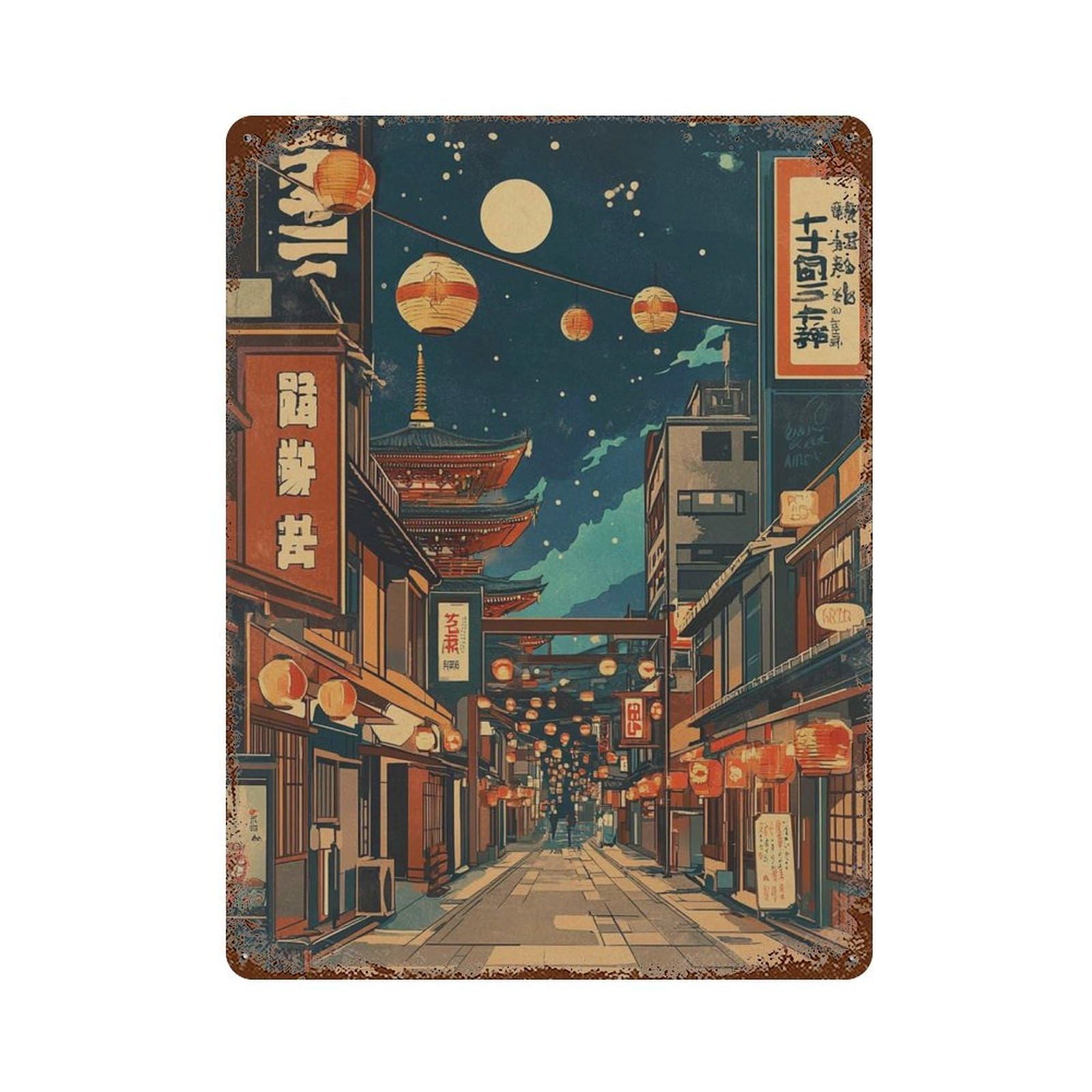 xiaoxiaoshen Japanese Lantern Street Japan Night Market Asian Cityscape Pagoda Moonlit Tokyo Wall Decor Art Metal Tin Poster Modern Home Decor Art Home Bar Shop Decorations Vintage Sign 40x30cm