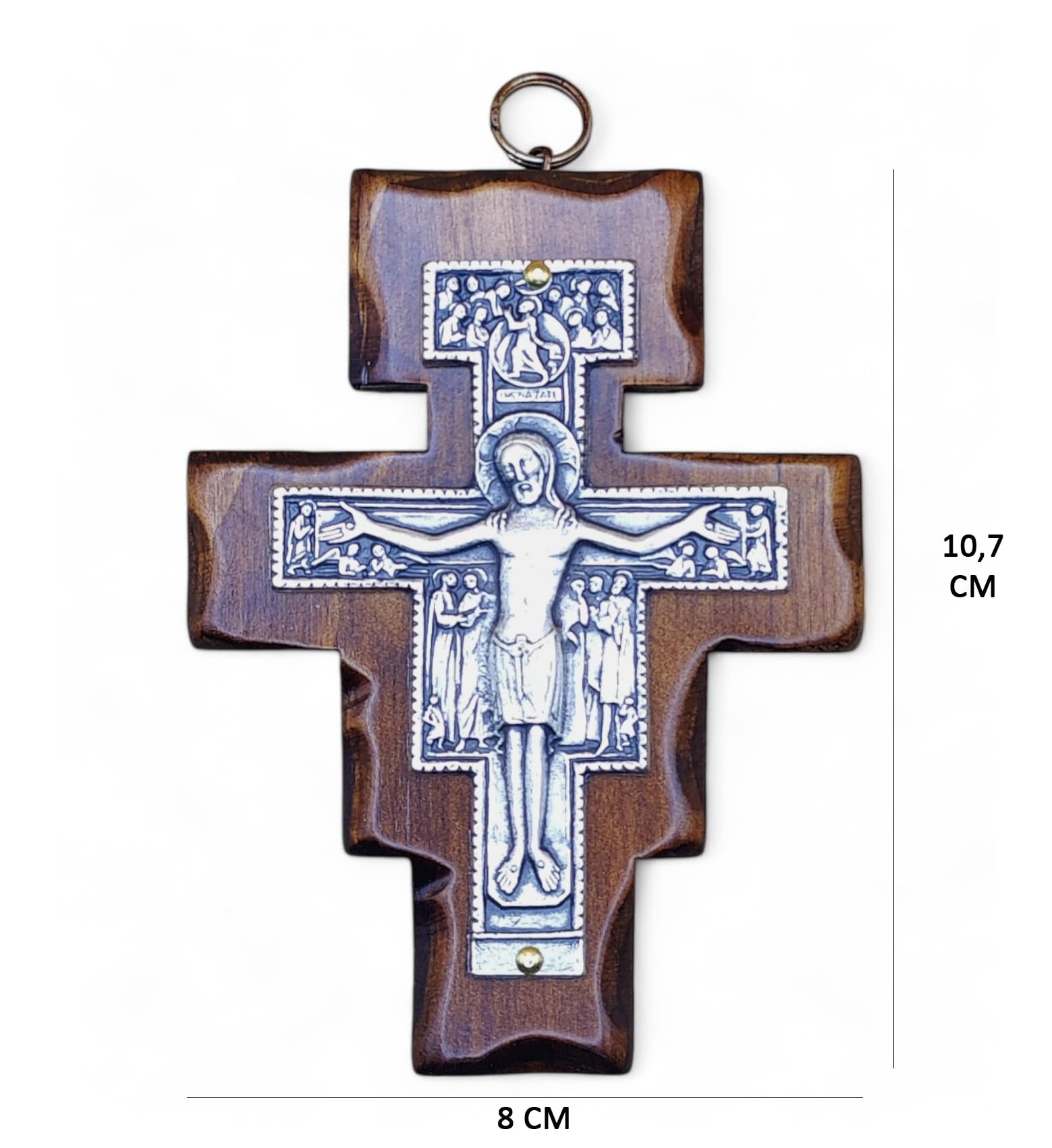 Crocifisso da Parete - Croce San Damiano - Artigianale Made in Italy Cristo e INRI Placcati Argento 999 - Crocifissi da Parete in Legno, Cura e Precisione dei dettagli di Gesù Crocifisso - 10,7X8cm