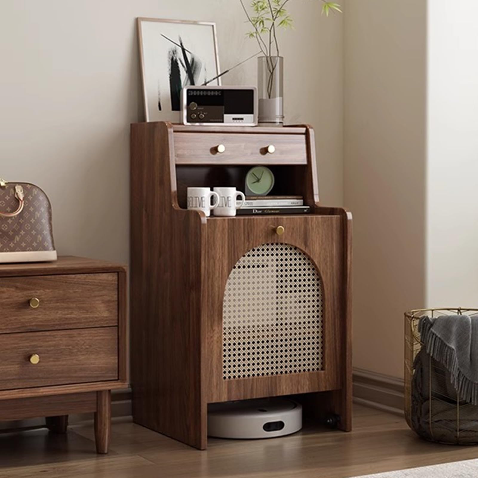 MESCXTY Robot Vacuum Stand Cabinet, Hidden Storage Cabinet with Wheels and Drawer, Freestanding Wood Rack for Home Office Living Room(Walnut,45cm/17.7in)