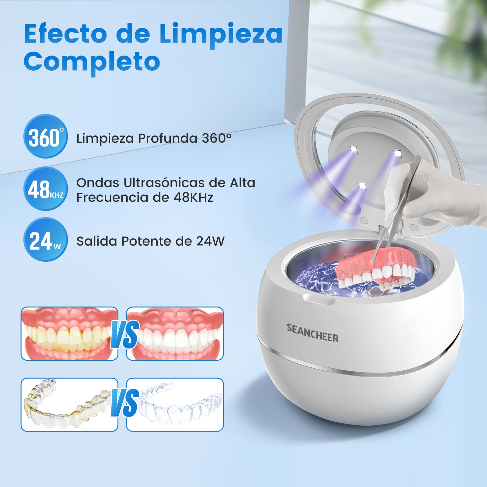 SEANCHEER Limpiador Ultrasonidos 48000Hz Ultrasonidos Limpieza | 180ML | Lampara UV | Ultrasonic Cleaner Portatil para | Dentaduras | Ferula Dental | Retainer | Aligner | Brackets | (Blanco)