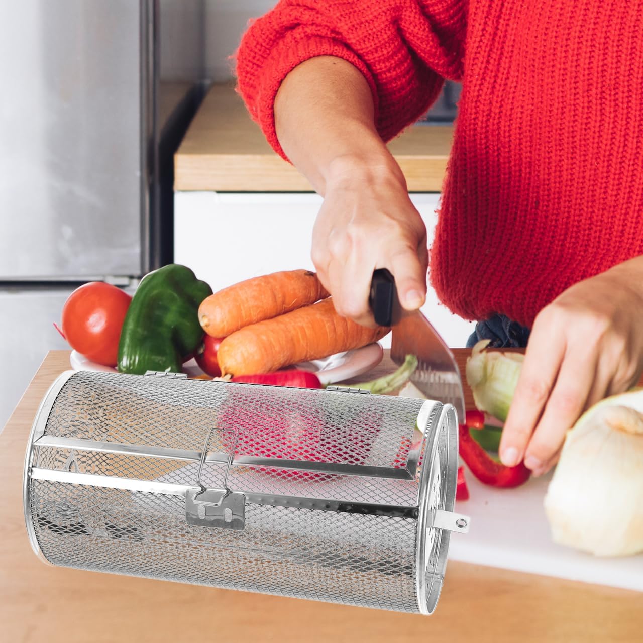 Stainless Steel Rotisserie Basket for Air Fryer Oven - 9.84X5.51X5.51In 360 Rotating Drum Roaster with Easy-Open Door for Roasting Nuts Meat Coffee Beans