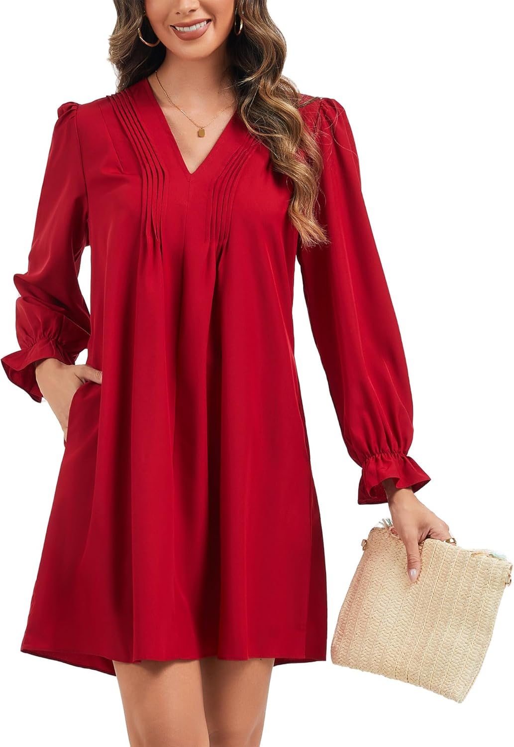 Kormei Womens Casual Dress A-Line Ruffle Long Sleeve V Neck Mini Dress 2025 Fashion Pleated Flowy Loose Shirt Dresses