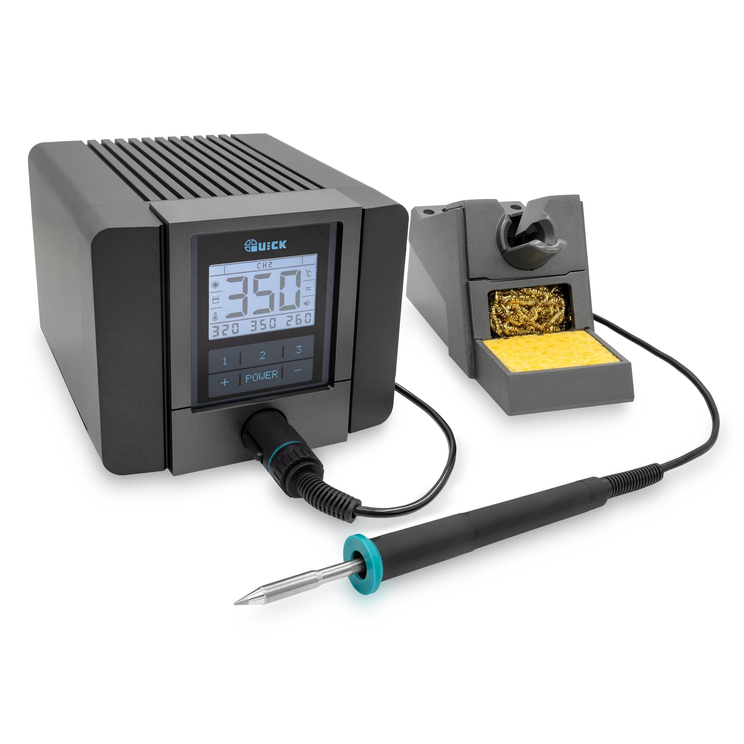 QUICK TS1200D digital regelbare Lötstation ESD 120W 200-420°C professionell sensorgeregelt inkl. 1mm Rapid-Kartuschen-Lötspitze - SMD Lötstation kalibrierbar mit 3 Multi-Temperatur-Speicher