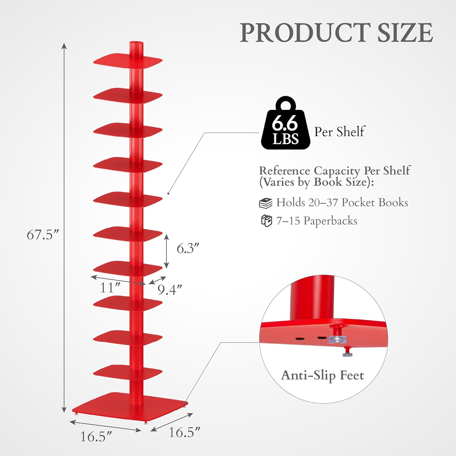 Suchtale 11-Tier Spine Bookshelf Tower,Tall Vertical Book Organizer,Metal Floor Standing Bookshelf for Small Spaces,Narrow Bookcase for Living Room,Bedroom & Office,Adjustable Shelf Directions,Red - Image 2