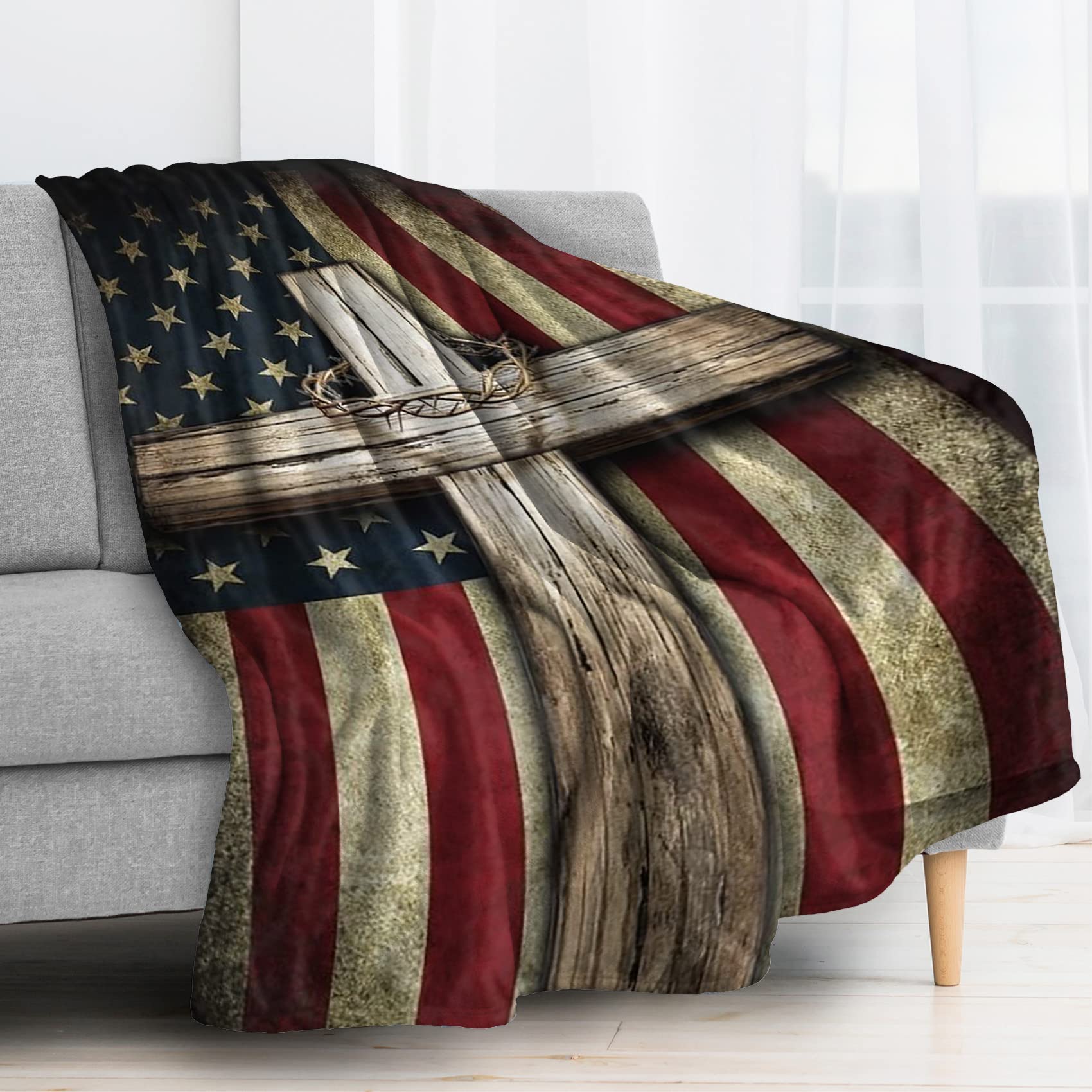 Plaid couverture 220x240 BUKITA drapeau américain grand format pour canapé et lit retro