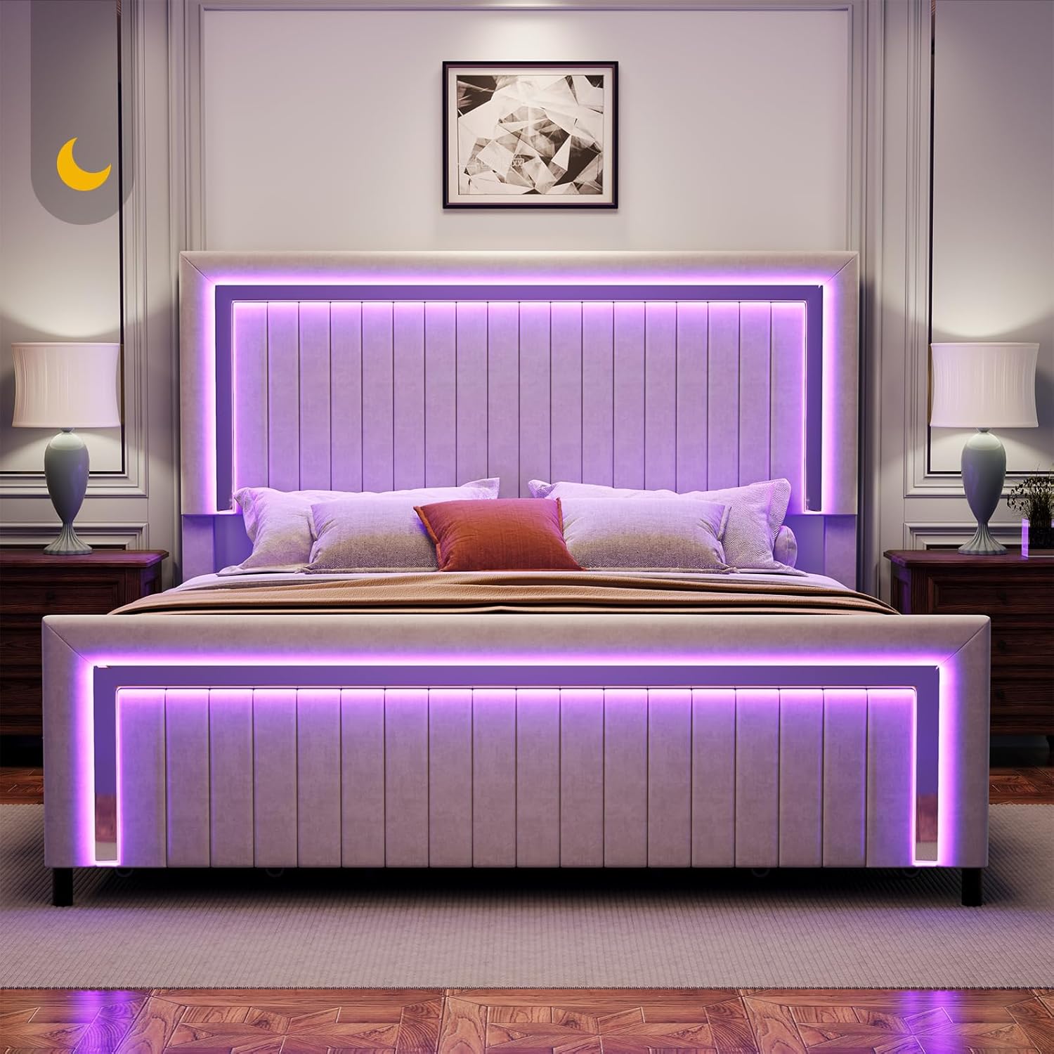 Jocisland King Size Upholstered LED Bed Frame with 4 Storage Drawers, Velvet Platform Bedframe with Channel Tufted Adjustable Headboard, Wooden Slats Support, No Box Spring Needed, Light Gray