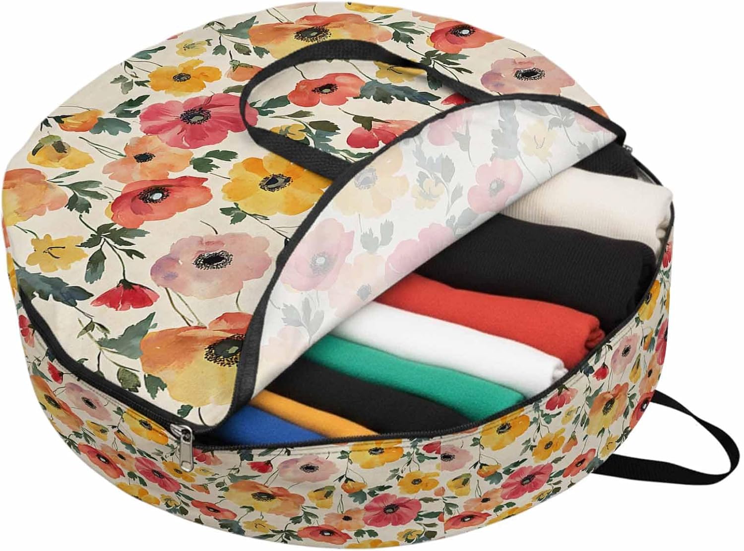 Red Yellow Round Storage Bag 36 Inch, Poppy Watercolor Plant Flowers Pastoral Botanical Clothes Storage Container with Handles Heavy Duty Organizer for Comforter, Bedding & Holiday Wreaths