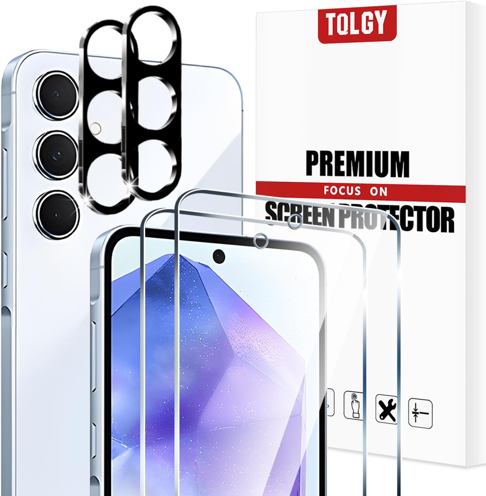 TQLGY 2 Pack Screen Protector for Samsung Galaxy A55 5G with 2 Pack Camera Lens Protector, 9H Hardness Tempered Glass Film, Ultra HD, Anti Scratch, Bubble Free, Case Friendly
