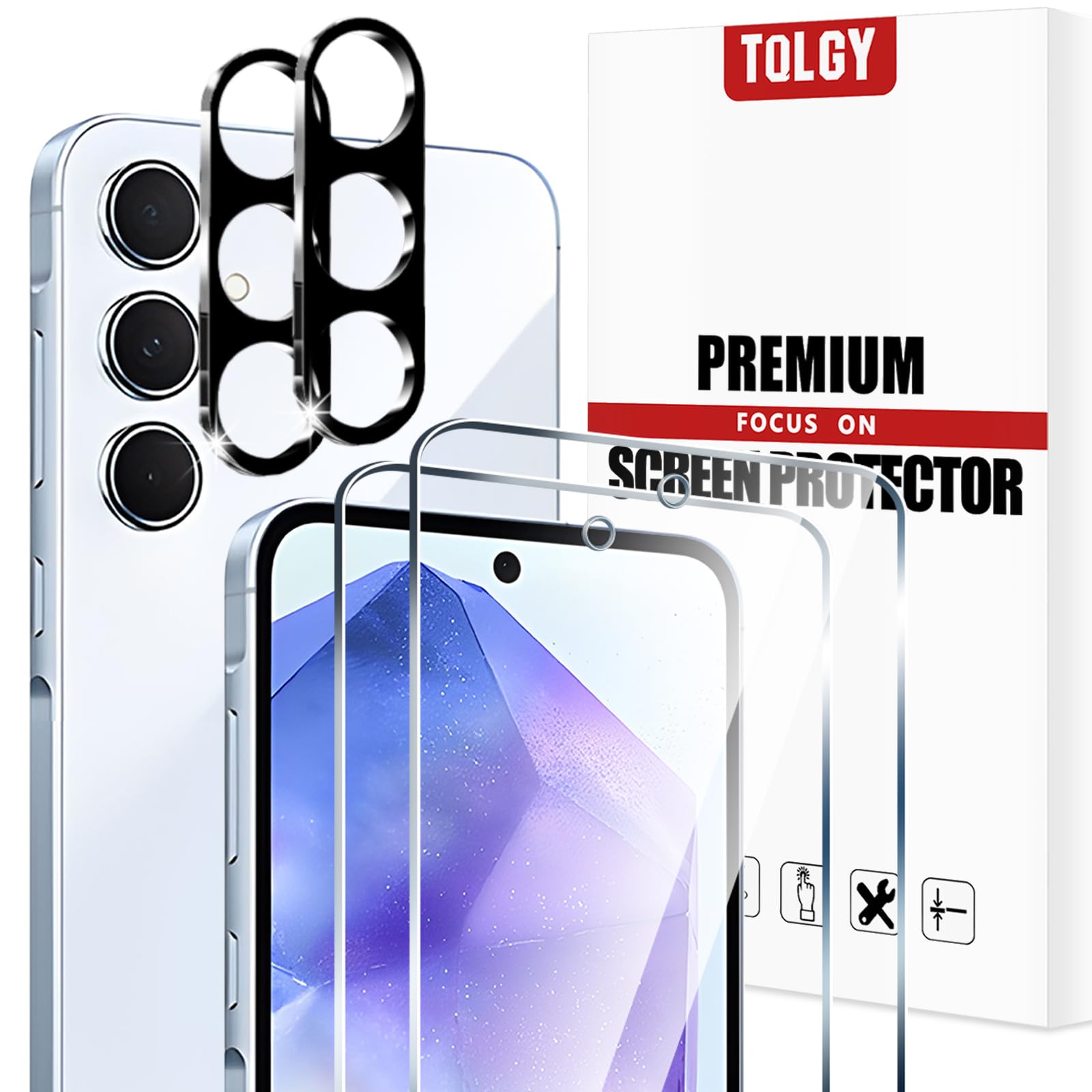 TQLGY 2 Pack Screen Protector for Samsung Galaxy A55 5G with 2 Pack Camera Lens Protector, 9H Hardness Tempered Glass Film, Ultra HD, Anti Scratch, Bubble Free, Case Friendly