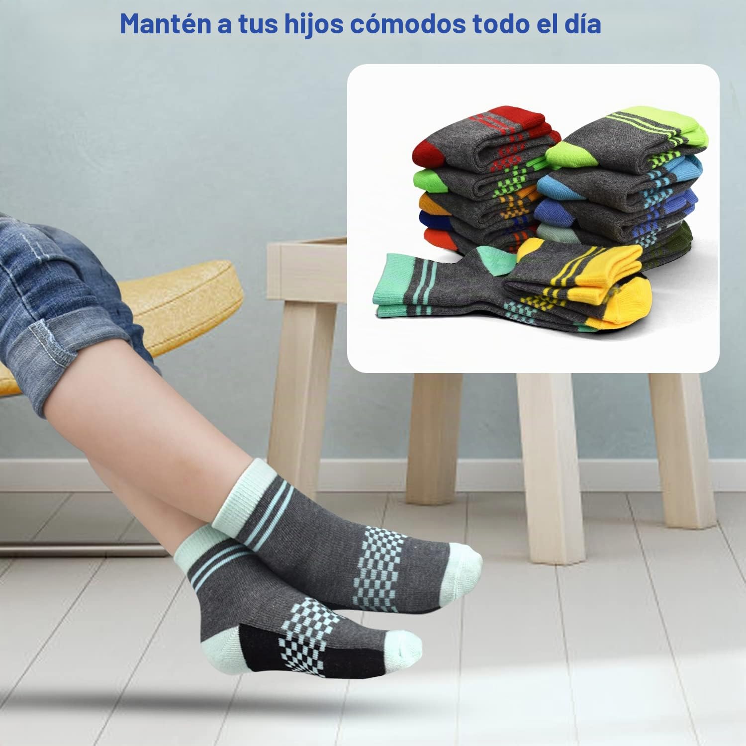 GENTABY Calcetines para niños 12 pares de calcetines coloridos elásticos a cuadros 90% poliéster transpirable calcetines deportivos para niños de 2 a 14 años, talla 23-40