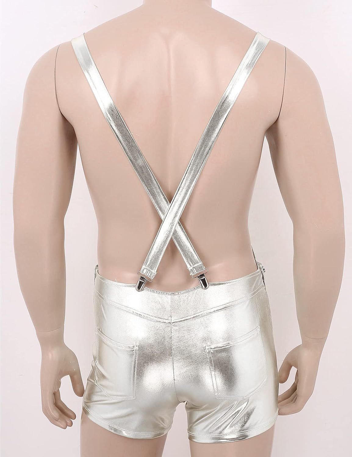 Fashion Mens Shiny Leather Overalls Spandex Jockstraps Leotard Jumpsuits Dungarees Shorts