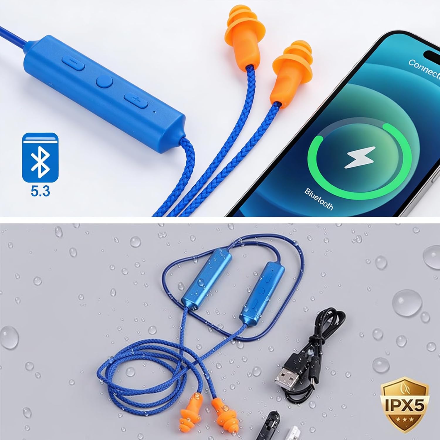 Gugxiom Bluetooth Work Earbuds Noise Reduction 29dB, Wireless Neckband Headphones with Mic, 20H Playtime Safety Earplugs, IPX5 Hearing (Blue)