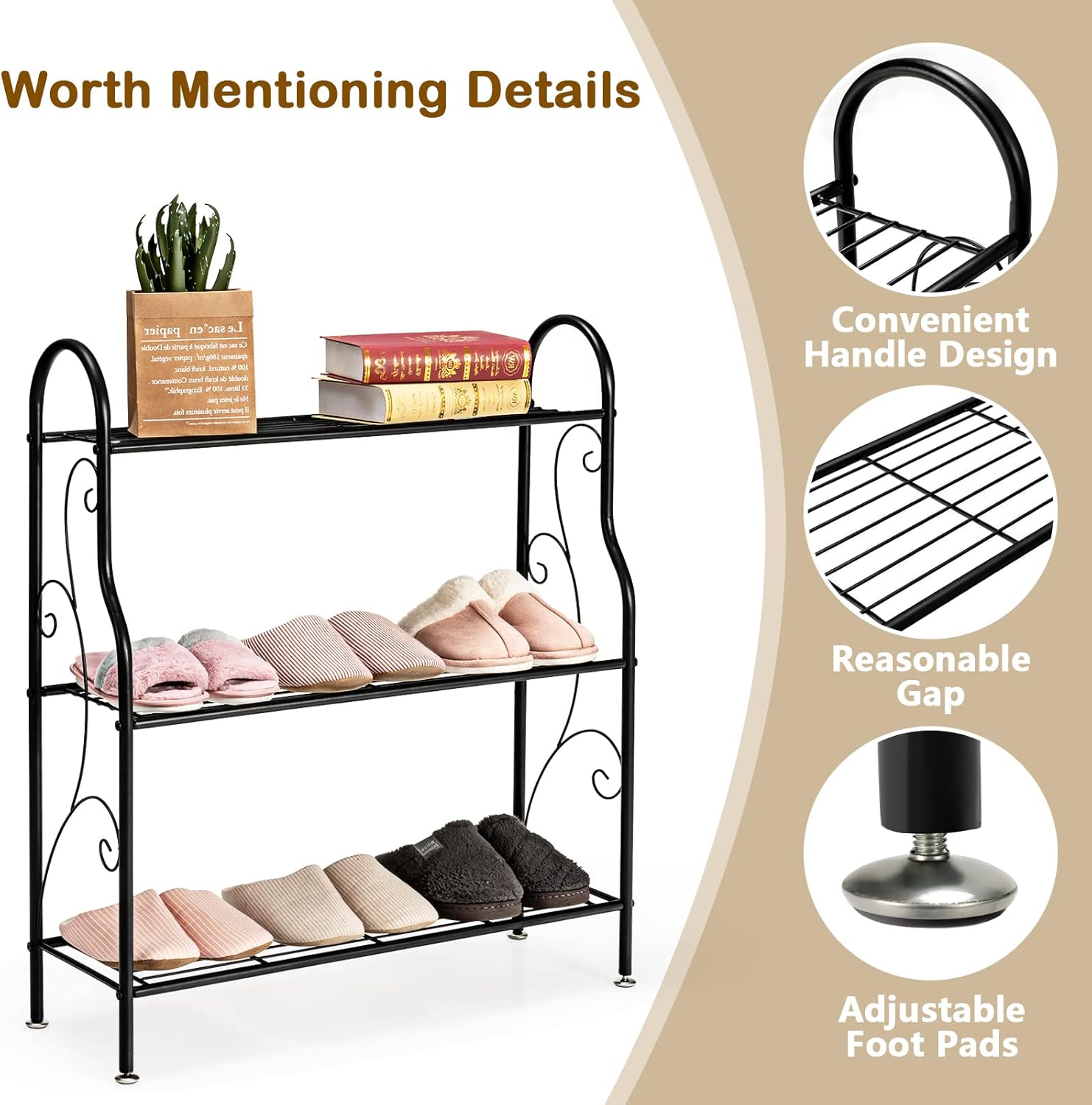 S AFSTAR 3 Tier Metal Plant Stand, Plant Display Rack Shelf Stand w/Adjustable Feet and Built-in Handles, Home Storage Organizer Shelf, Flower Pot Holder for Home Balcony Yard, Indoor Outdoor