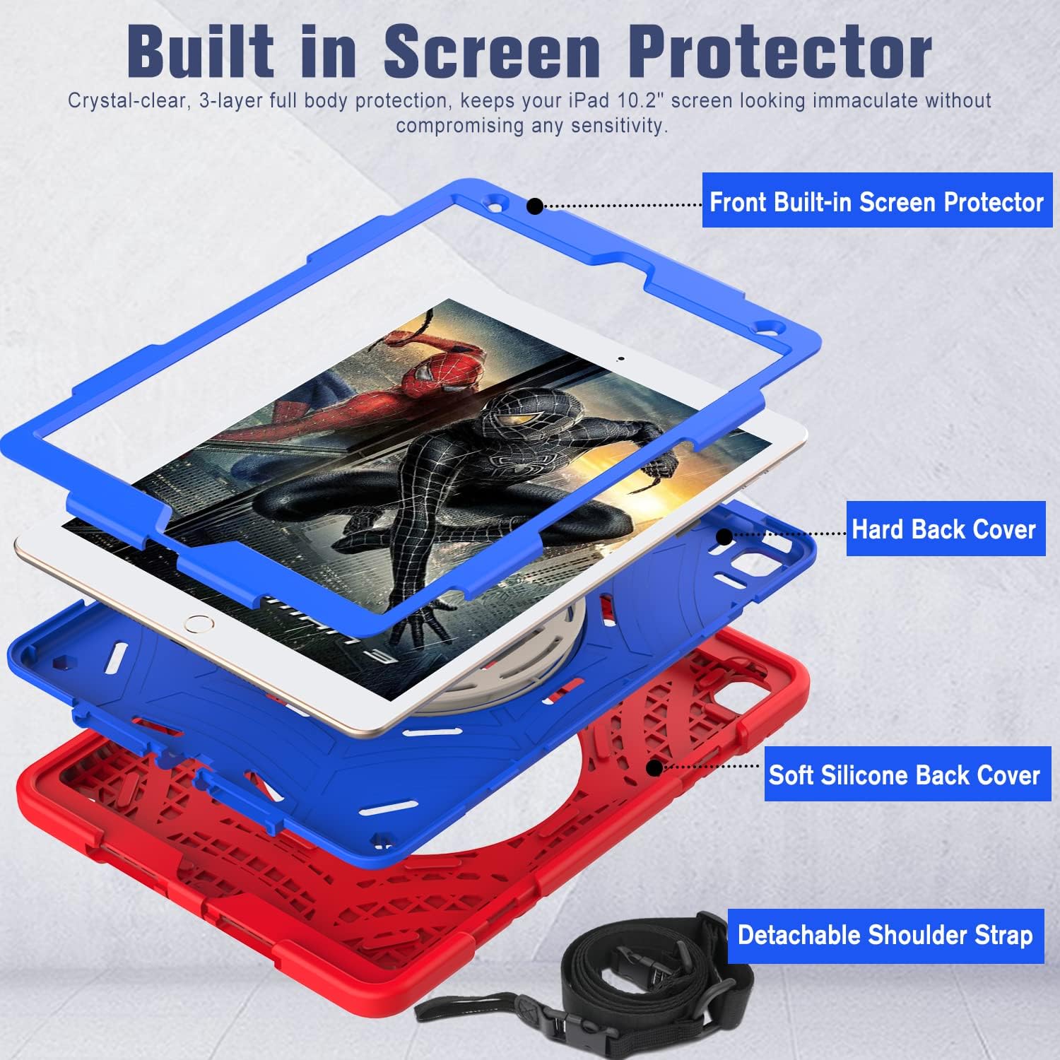 LTROP iPad 9th/8th/7th Generation Case, iPad 10.2 Case 2021/2020/2019, [Built-in Screen Protector] [Shoulder Strap] [Swivel Kickstand] Hybrid Protective Kids Case for iPad 9/8/7 Gen 10.2 Inch, Red