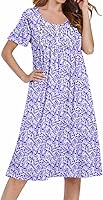 Ekouaer Women's Cotton Nightgown Short Sleeve Pleated Button Sleepshirt House Dress - Soft Elegant Lounge Wear